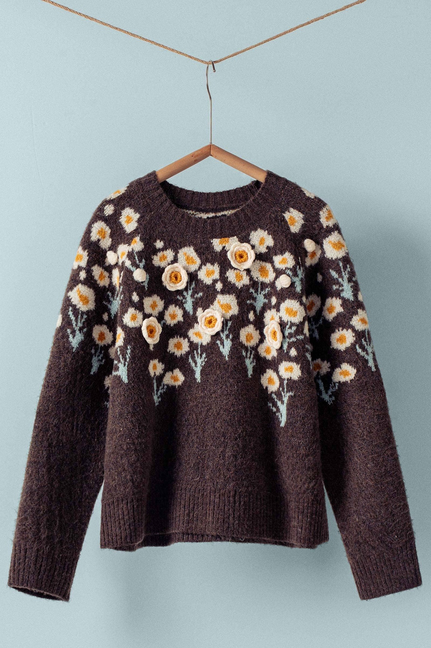 Daisy Embossed Floral Knit Sweater: Brown