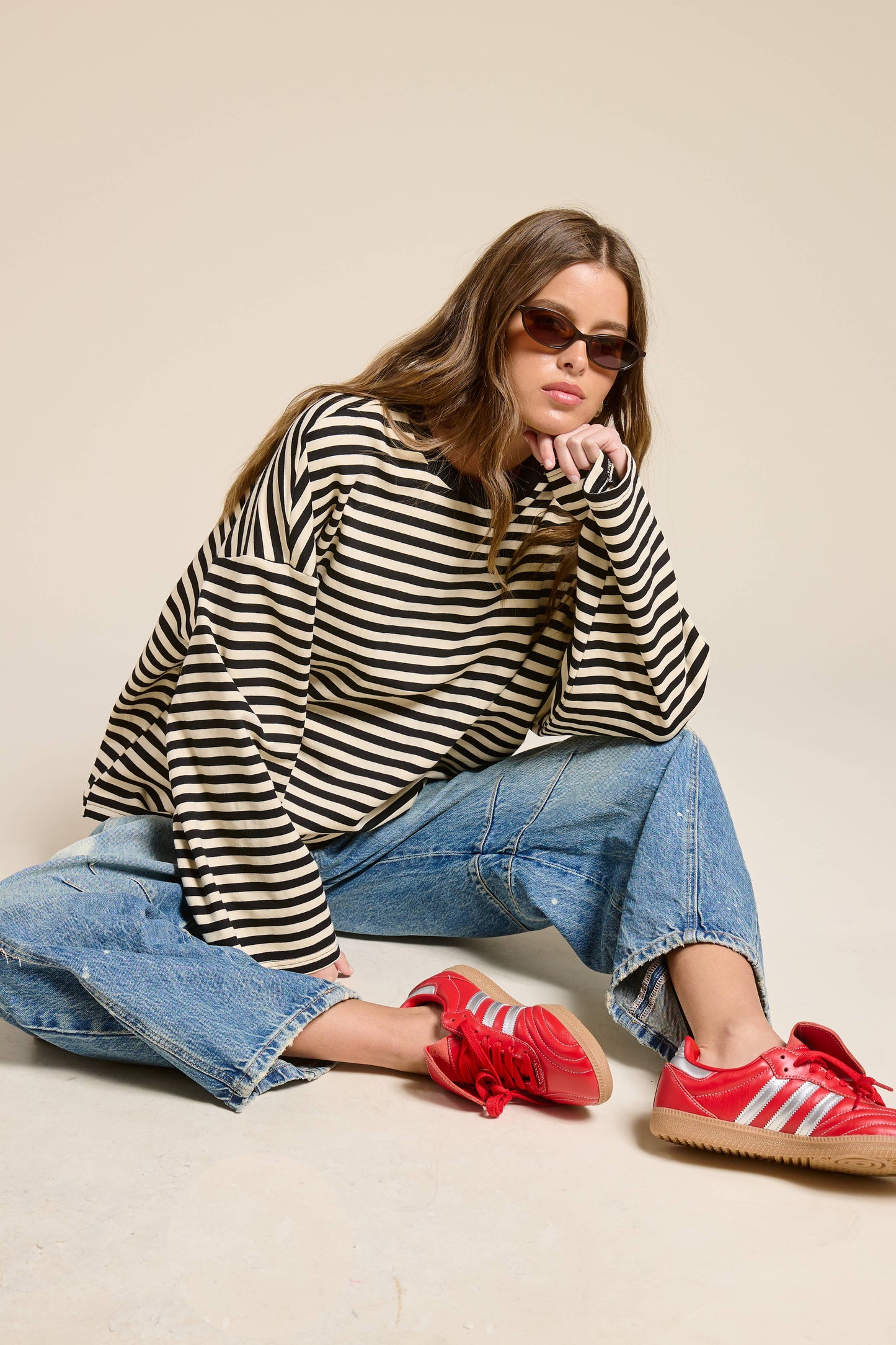 Striped Terry Oversized Long Sleeve Top: Black