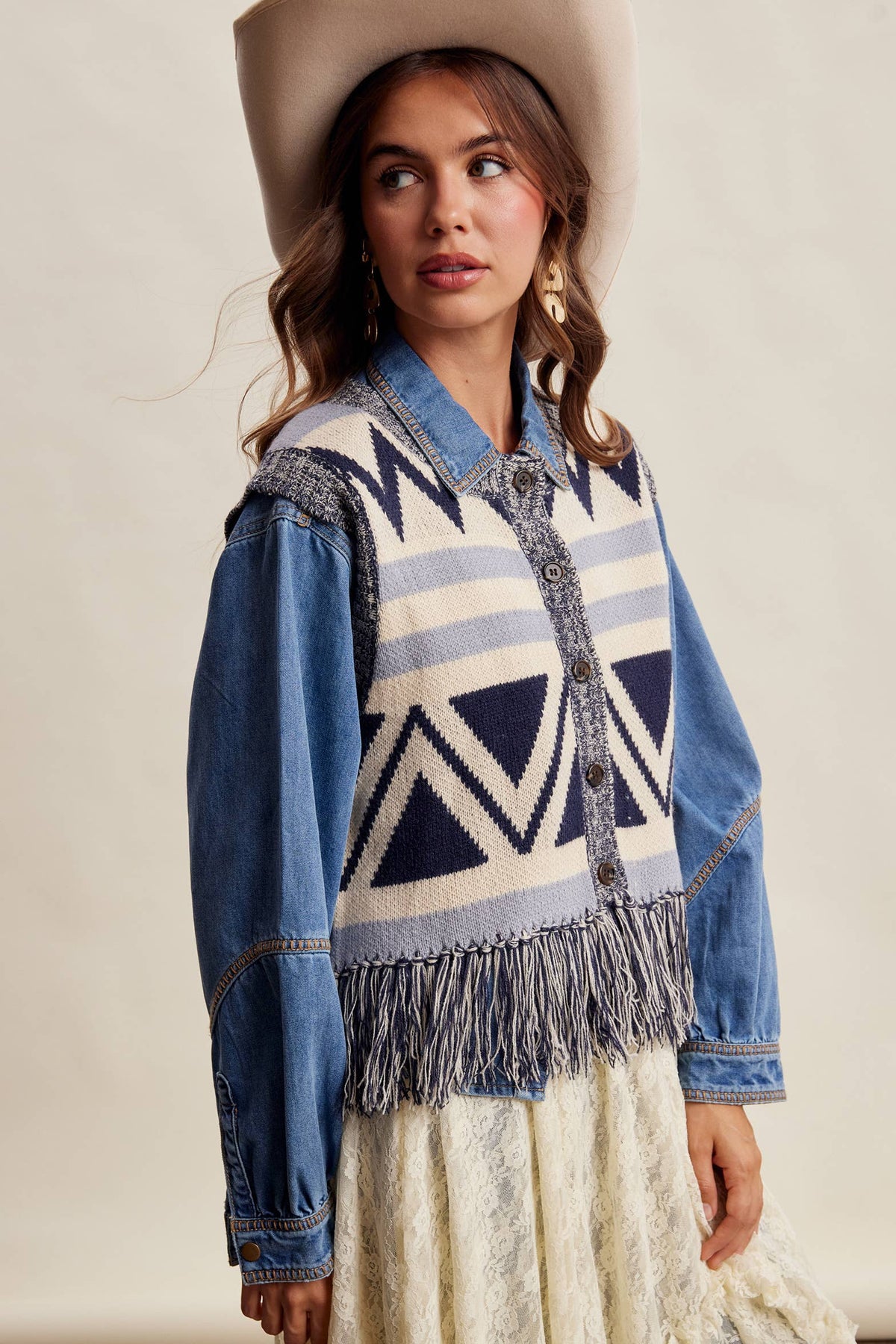 Western Fringe Knit Sweater Vest: Navy