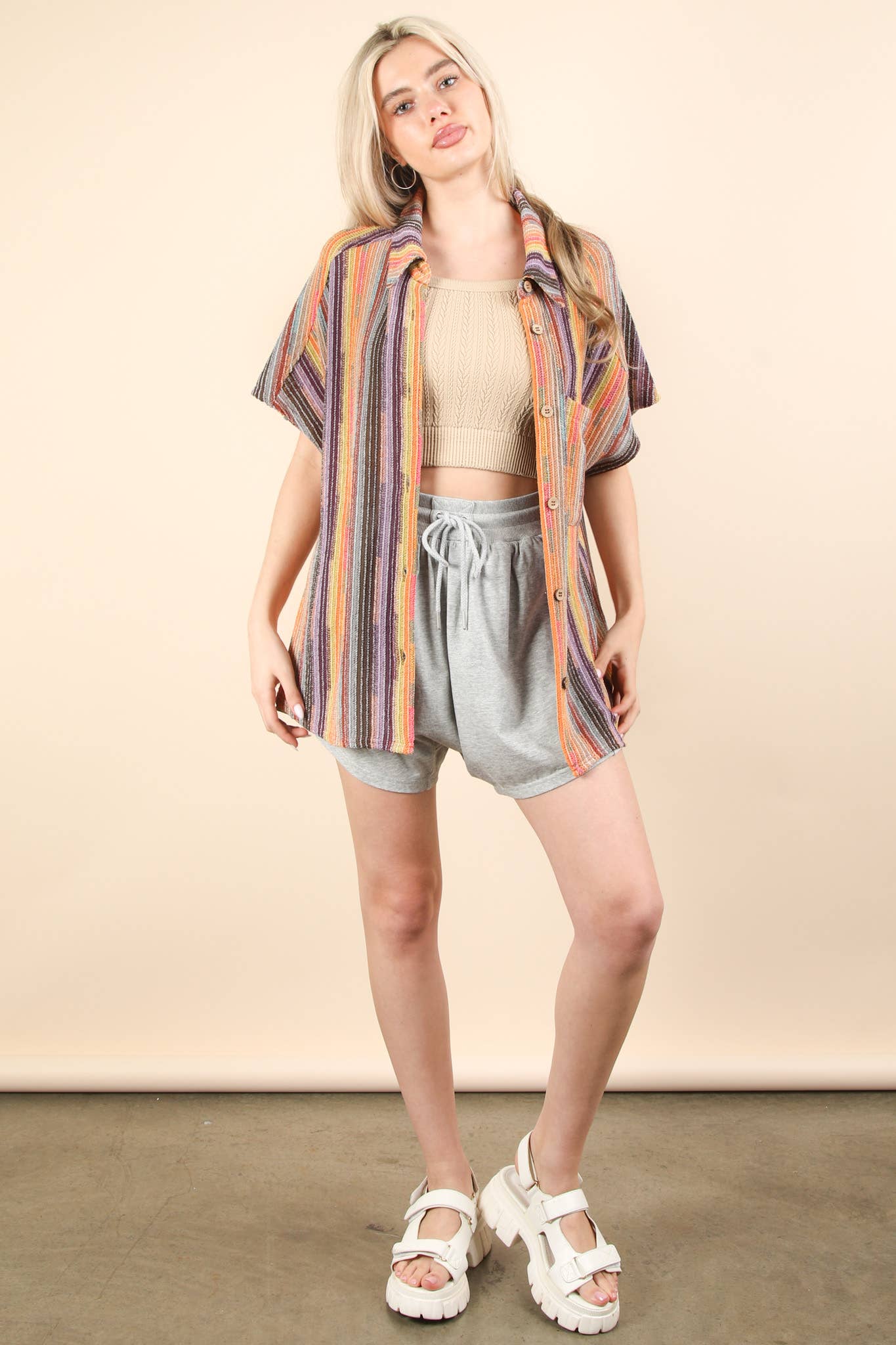 Oversized Crochet Multi Color Striped Shirt Top: BRICK MIX