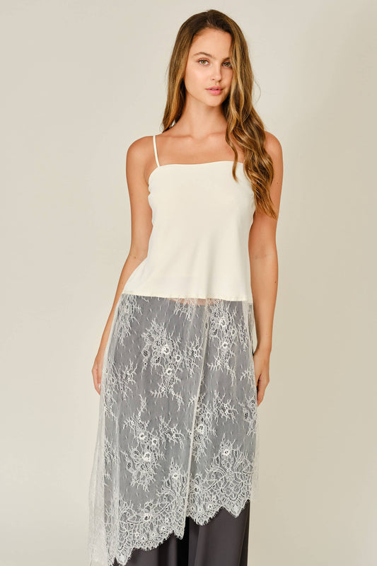 LACE LAYERED ASYMMETRIC SKIRT TOP: CREAM