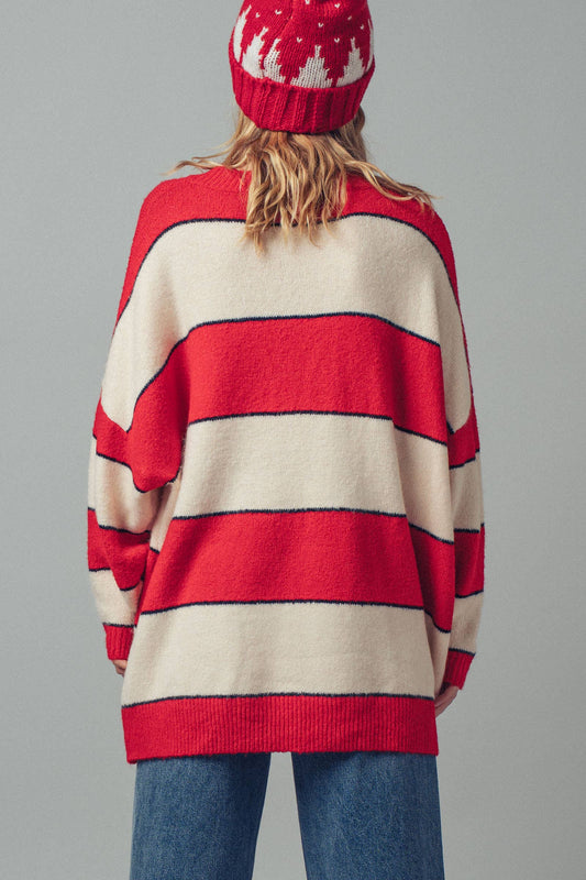 Oversized Rugby Stripe Knit Sweater: Red