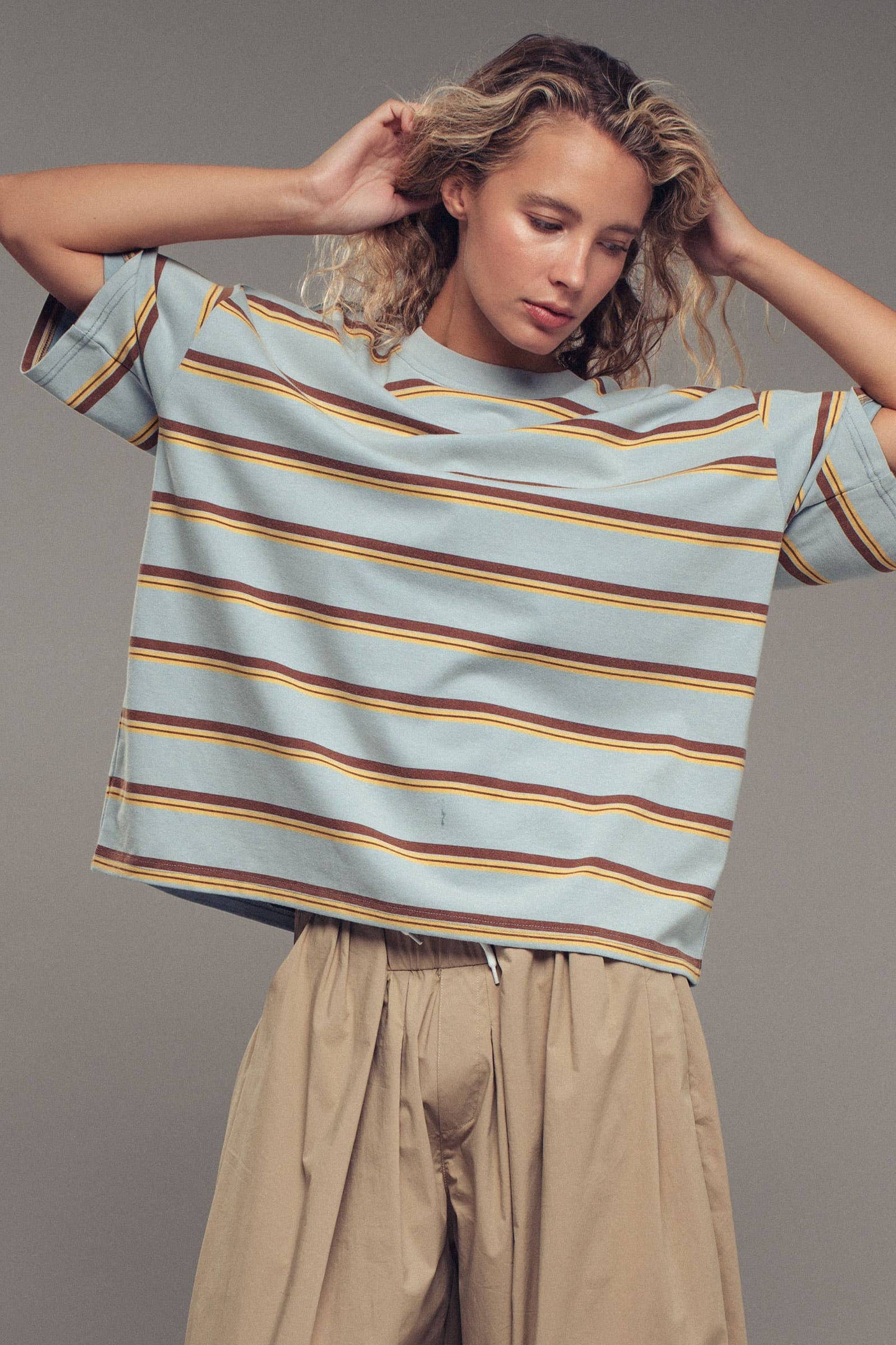 Oversized Striped Western Relaxed Fit Tee: BLUE BROWN