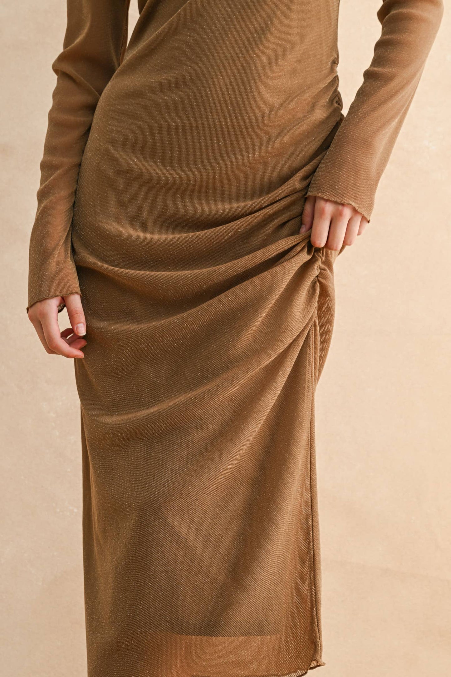 MESH DRAPED DRESS: ESPRESSO