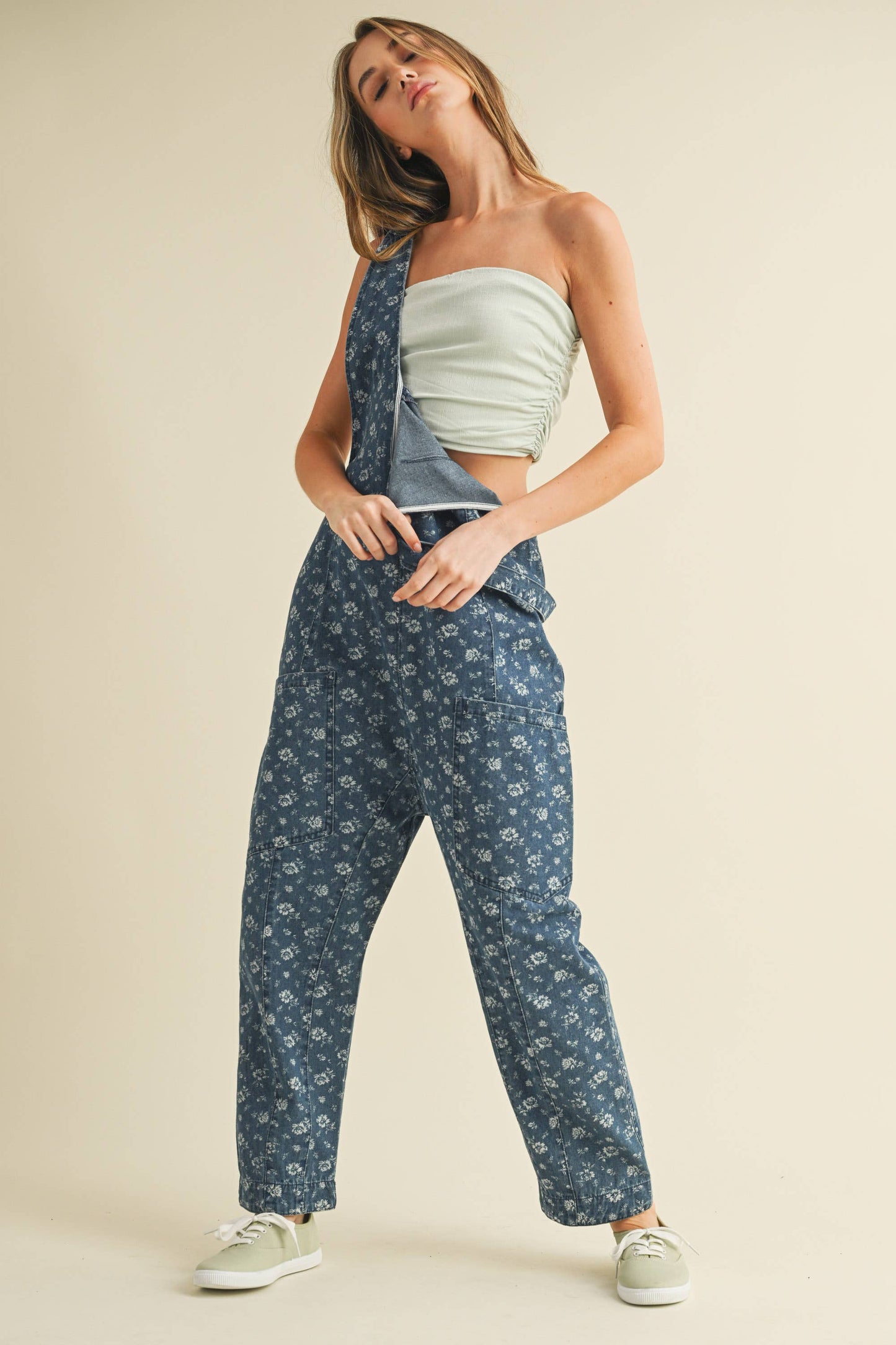 FLOWER PRINT DENIM JUMPSUIT: DENIM