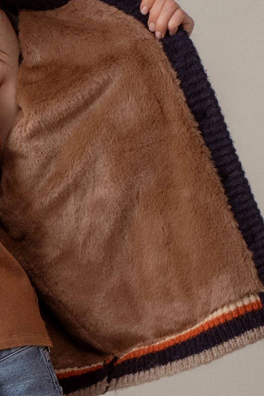 Chunky Rib-Knit Faux Fur Lined Cardigan: NAVY