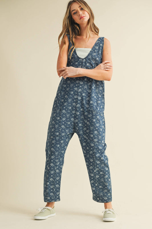 FLOWER PRINT DENIM JUMPSUIT: DENIM