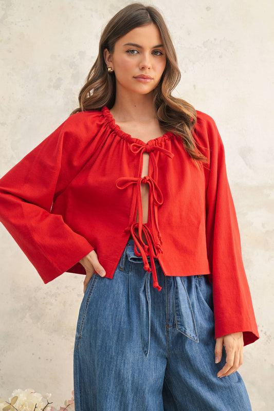 LINEN BLEN TIE FRONT CARDIGAN: Red