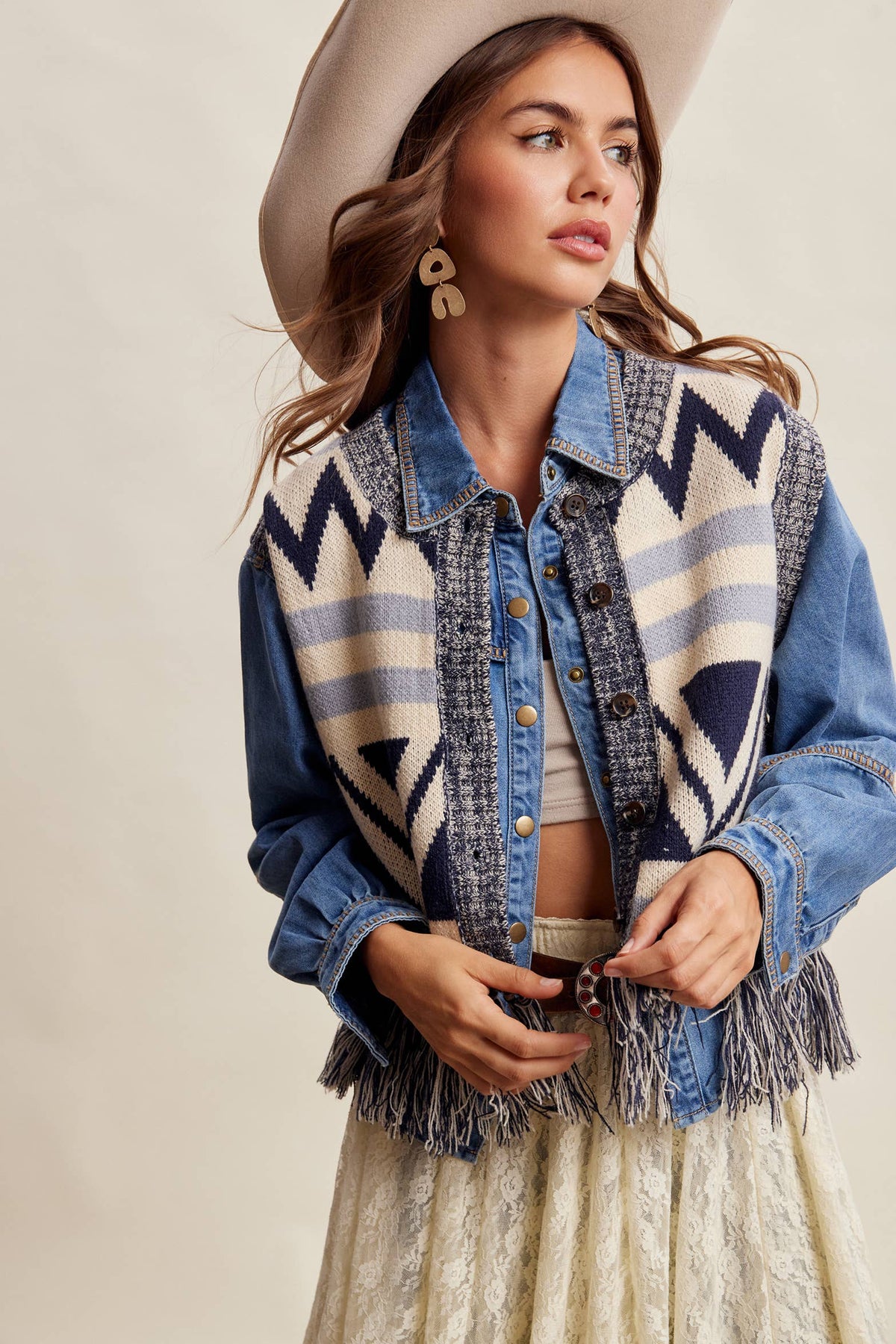 Western Fringe Knit Sweater Vest: Navy