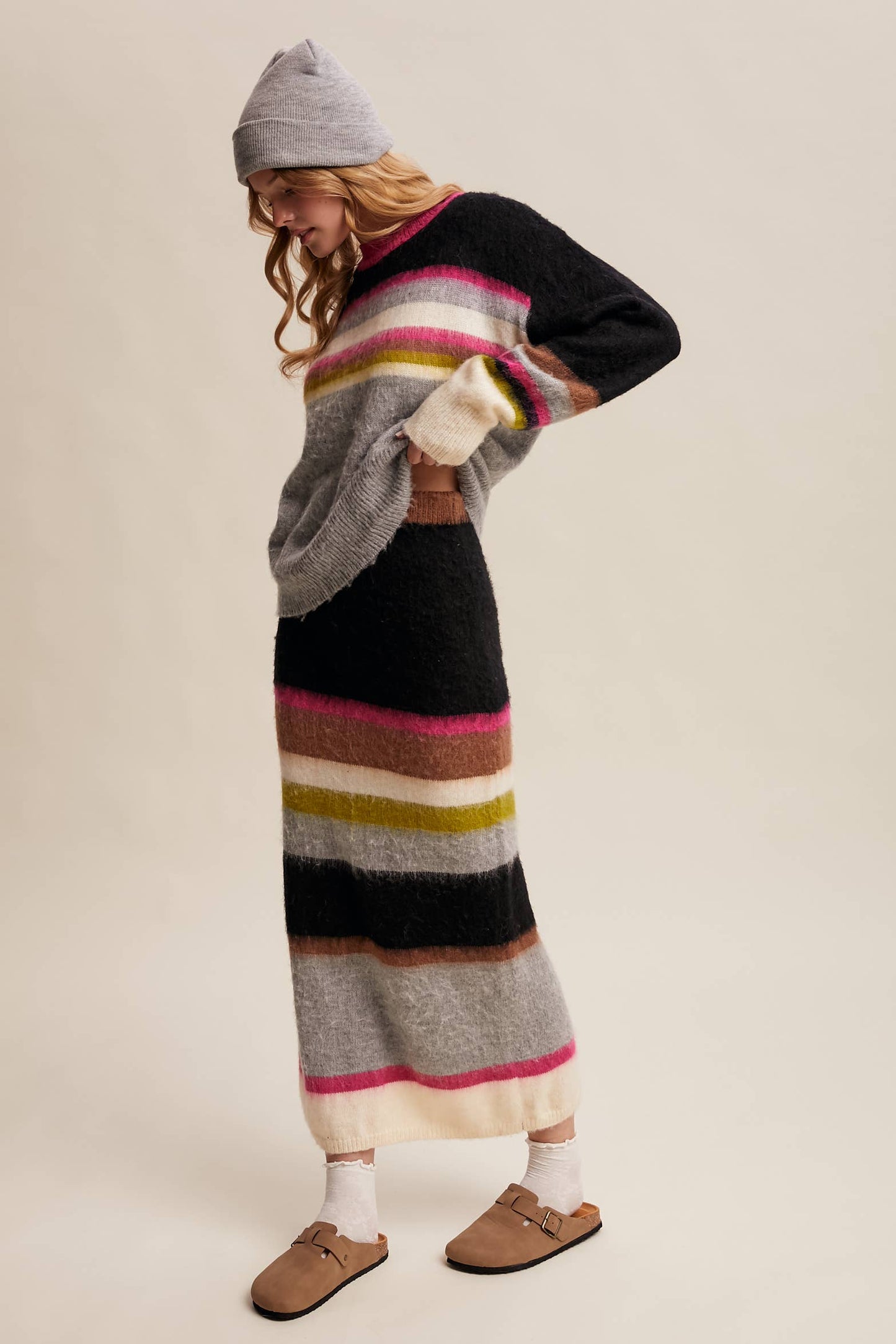 Striped Fuzzy Knit Sweater & Skirt: Light Pink Multi