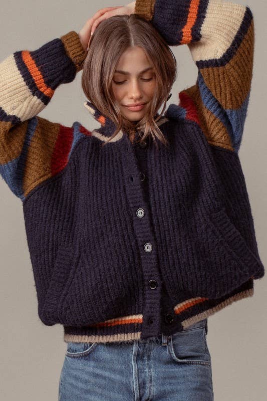 Chunky Rib-Knit Faux Fur Lined Cardigan: NAVY