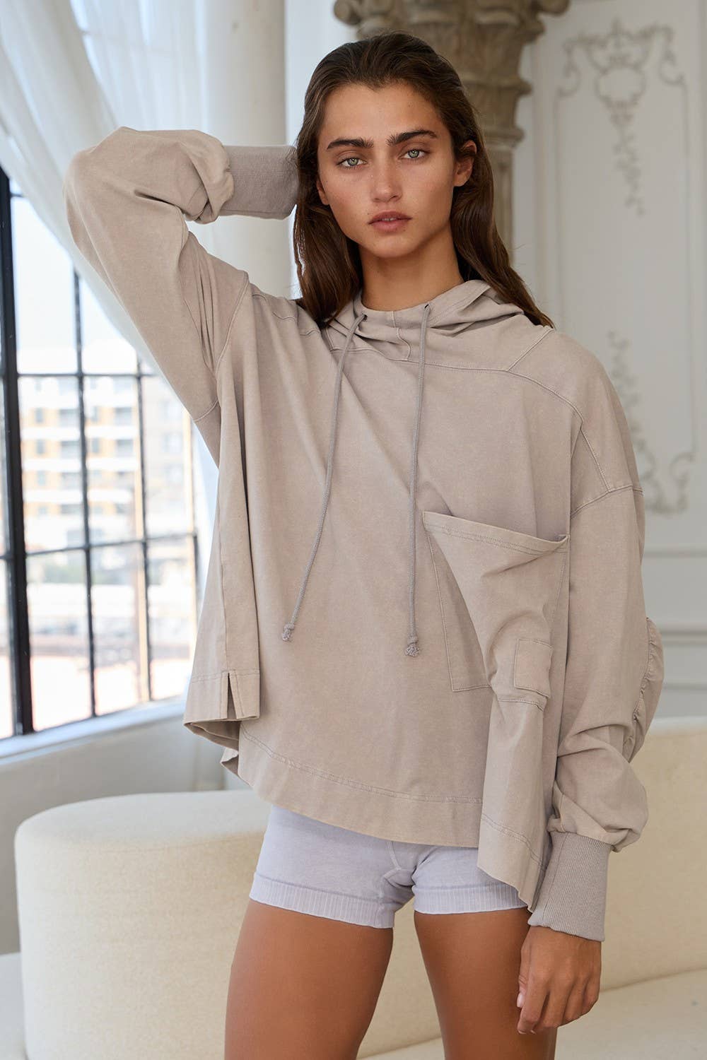 Drawstring High Neck Oversized Hoodie: Taupe grey