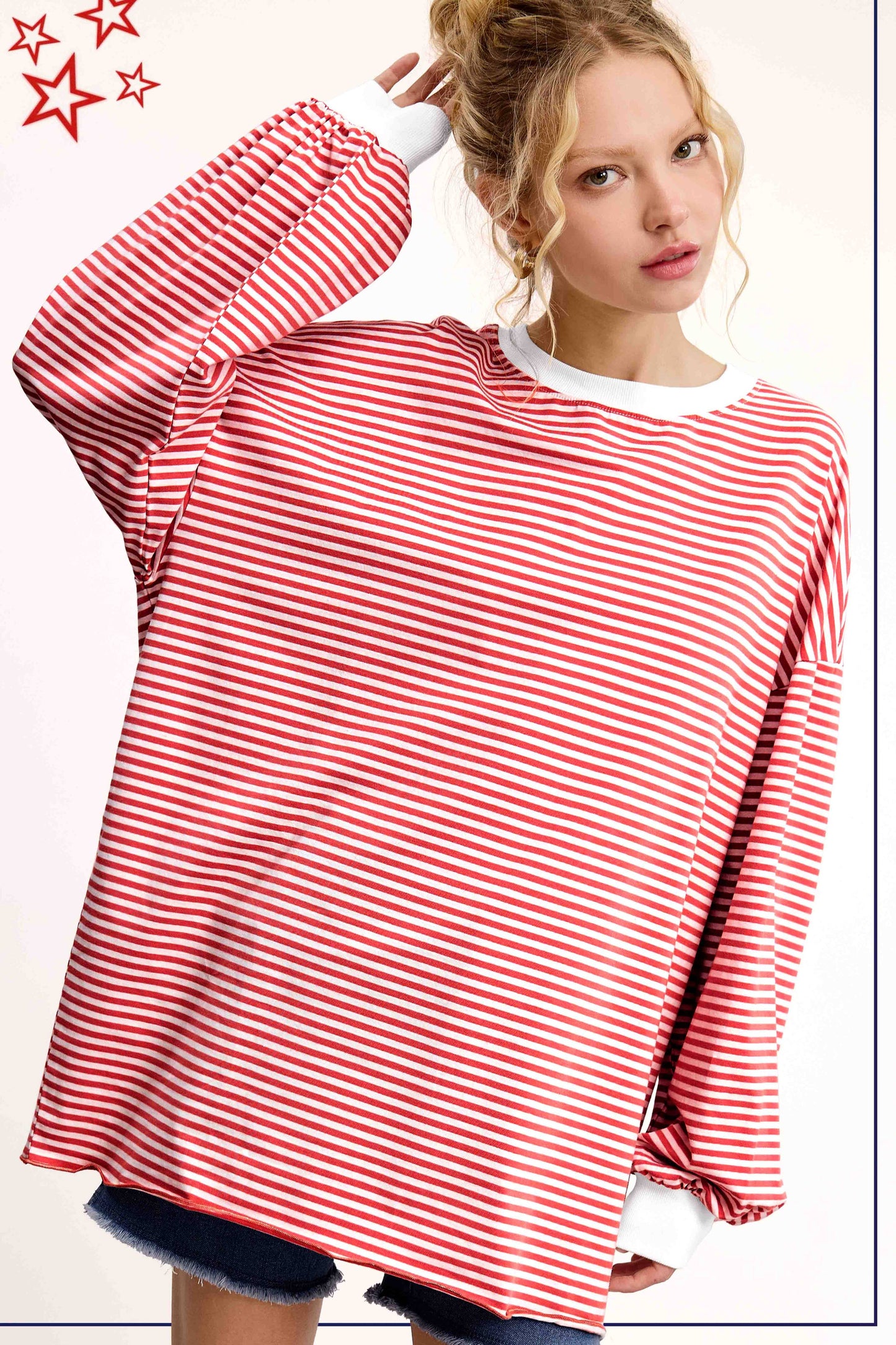 Oversized Striped Long Sleeve Pullover Top: Tomato