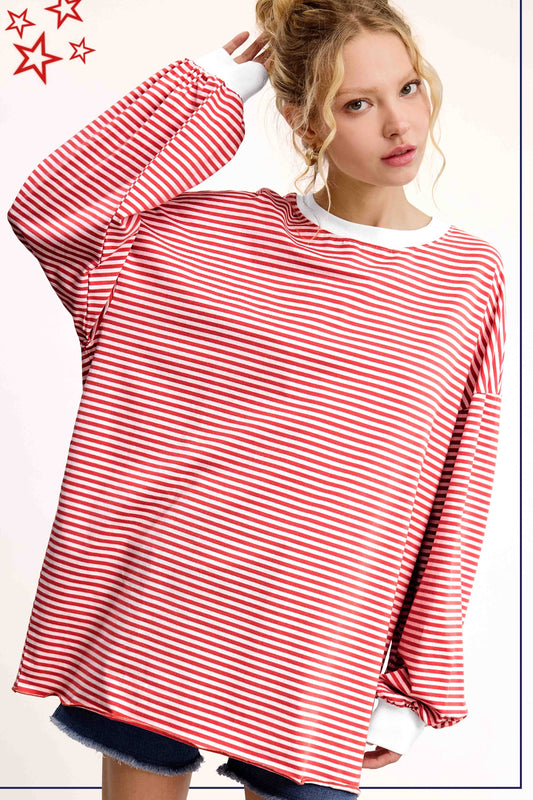 Oversized Striped Long Sleeve Pullover Top: Tomato