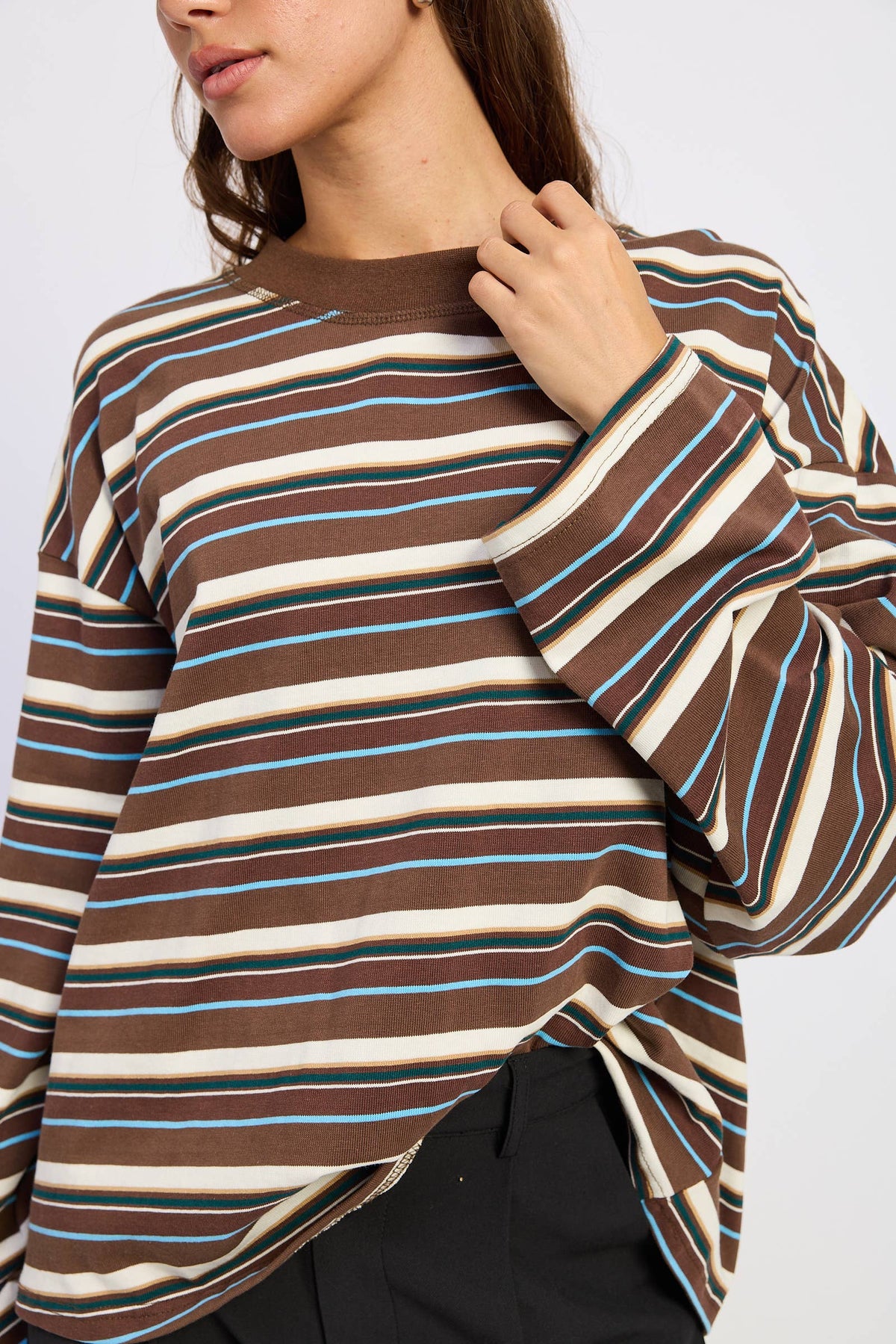 LONG SLEEVE STRIPED TOP: BROWN BLUE STRIPE