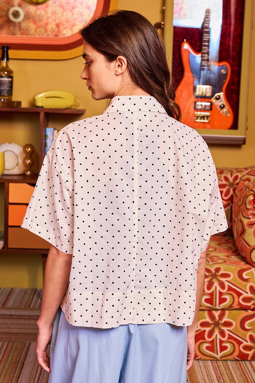Polka-Dot Print Short sleeve Cropped shirts: Ivory/Black