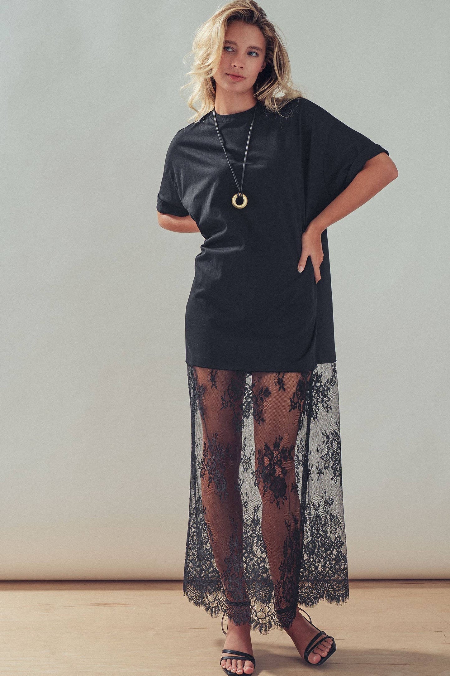 Mixed-Media T-Shirt Dress with Sheer Lace Skirt: Black
