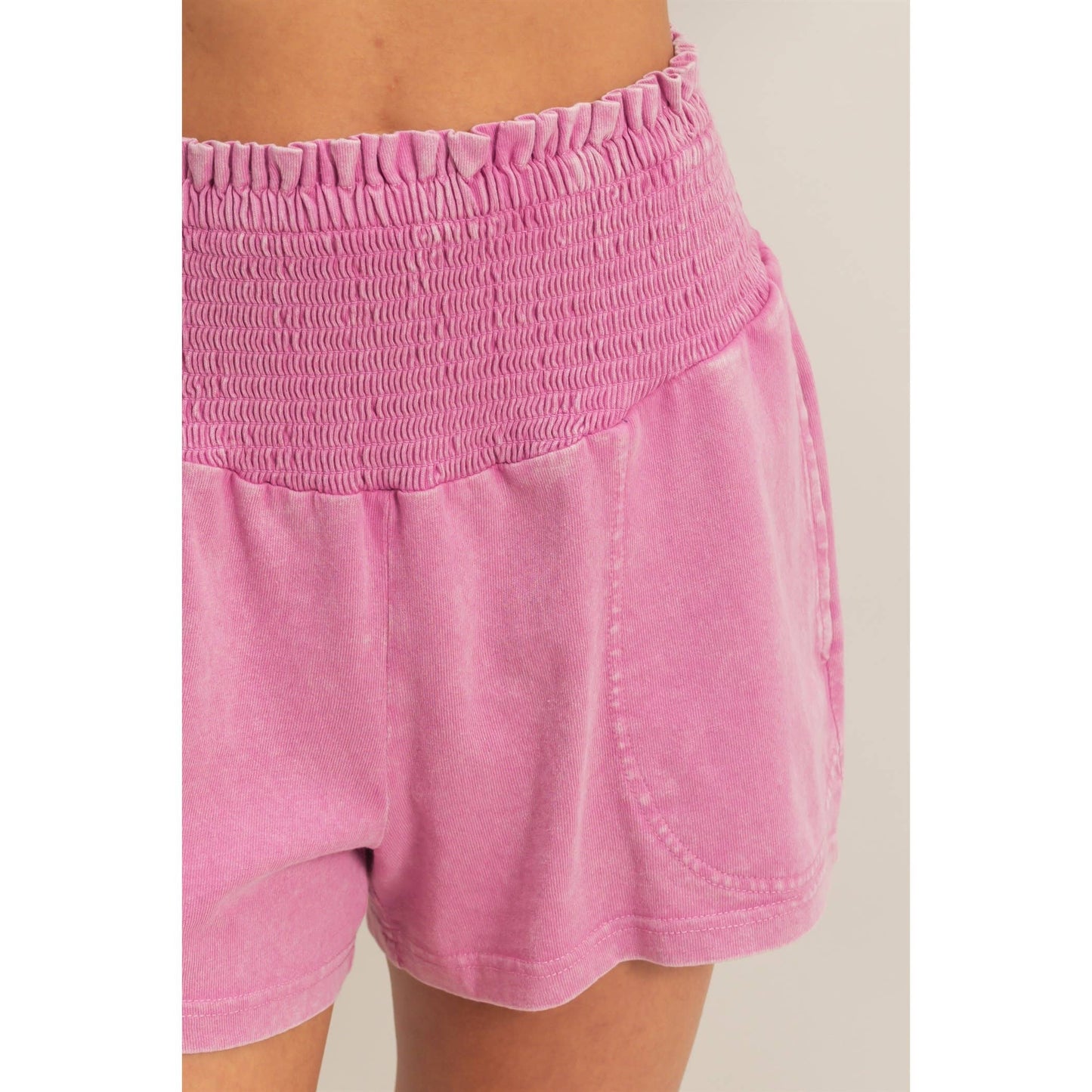 Smocked Waist Mineral Wash Shorts: FUCHSIA