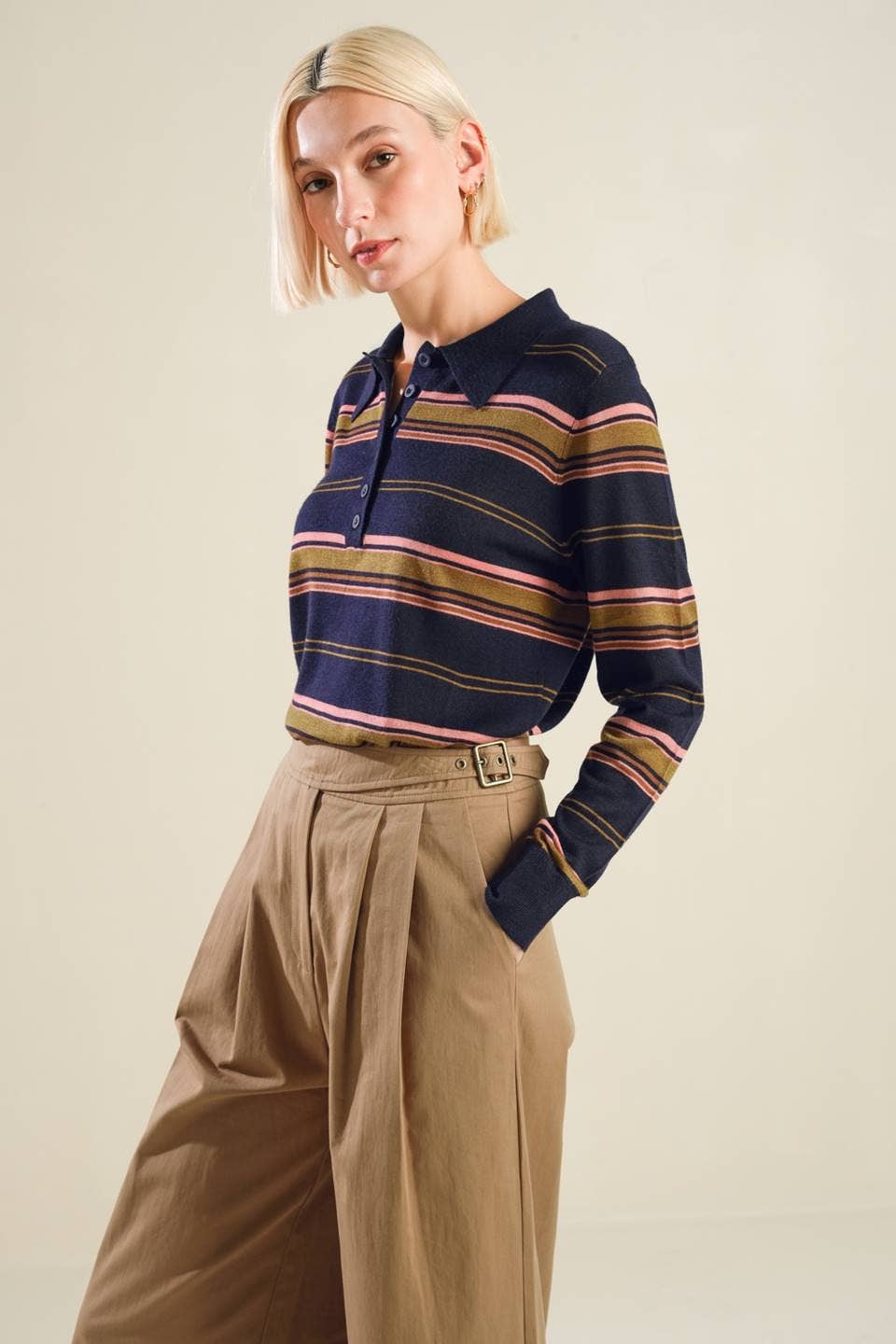 A striped sweater knit polo top: NAVY MULTI