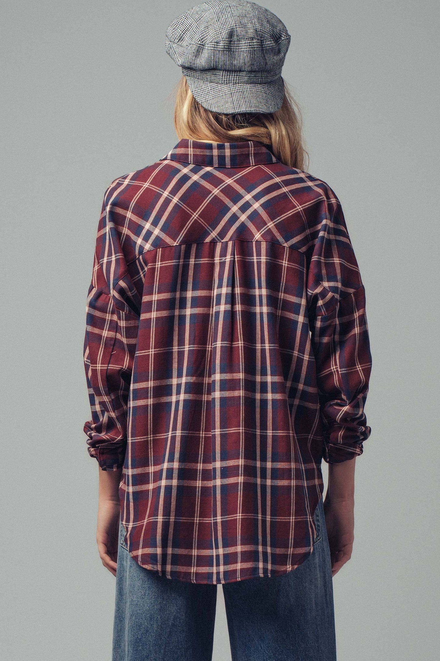 Classic Plaid Cotton Flannel Boyfriend Shirt: BURGUNDY MULTI