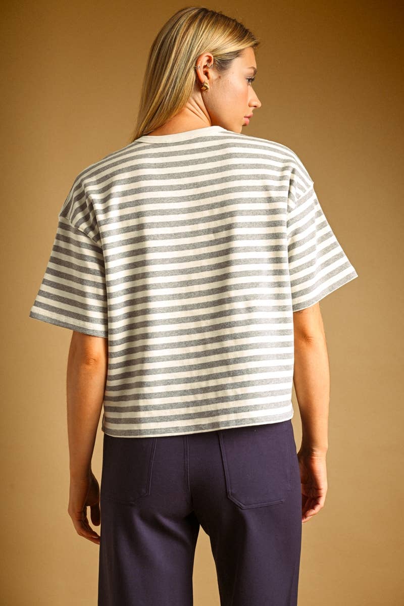 BOLD STRIPED SHORT SLEEVE TOP: HEATHER GREY