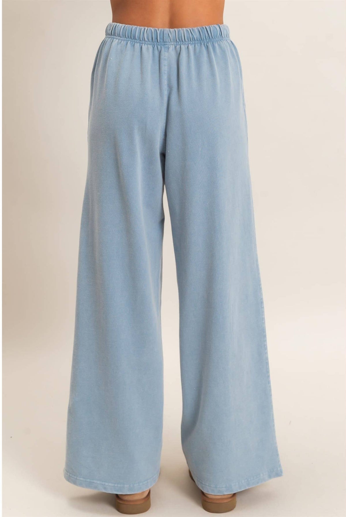 Acid Wash Drawstring Waist Wide Leg Pants: DUSTY BLUE
