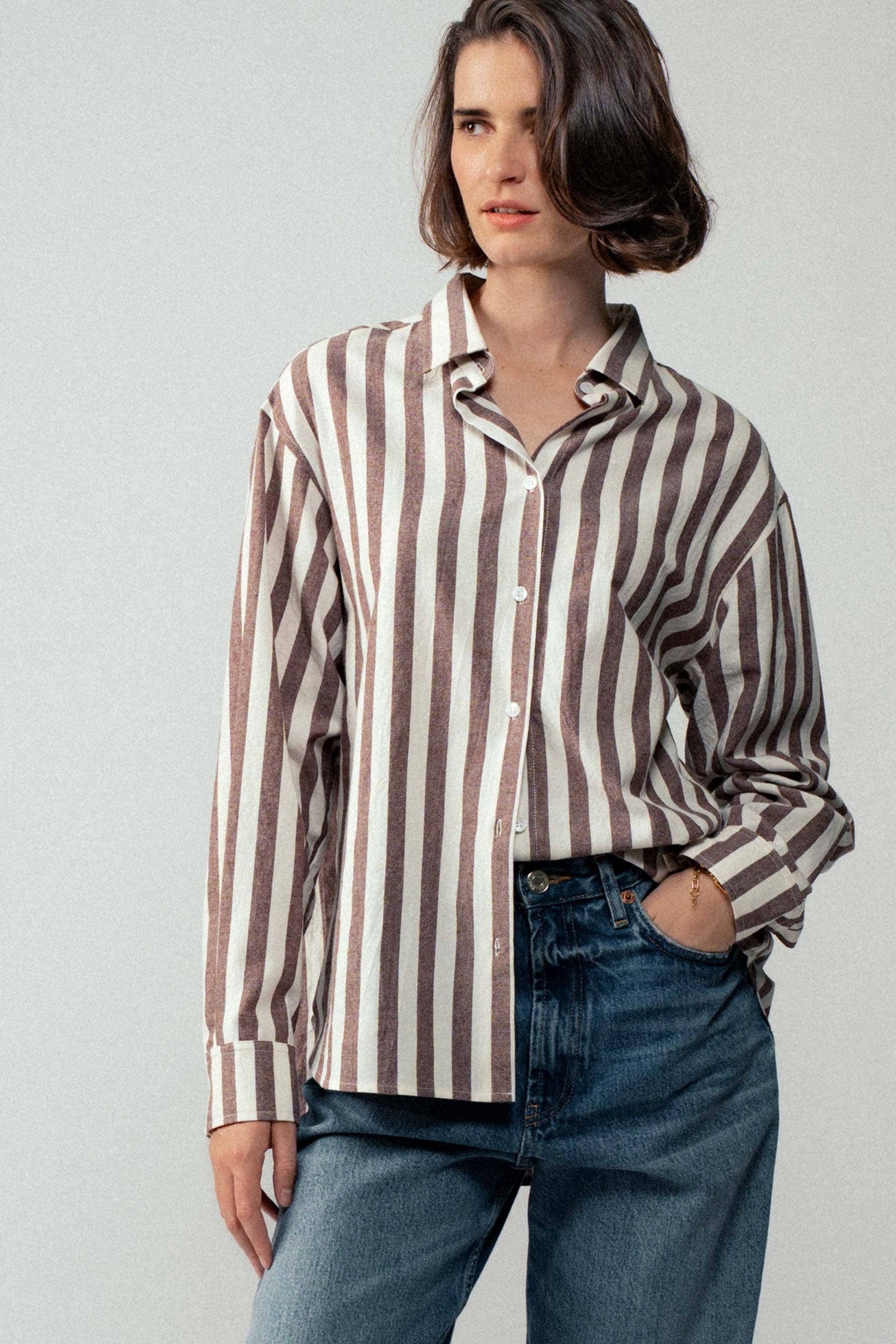 Oversized Stripe Button Down Collared Shirt: Brown