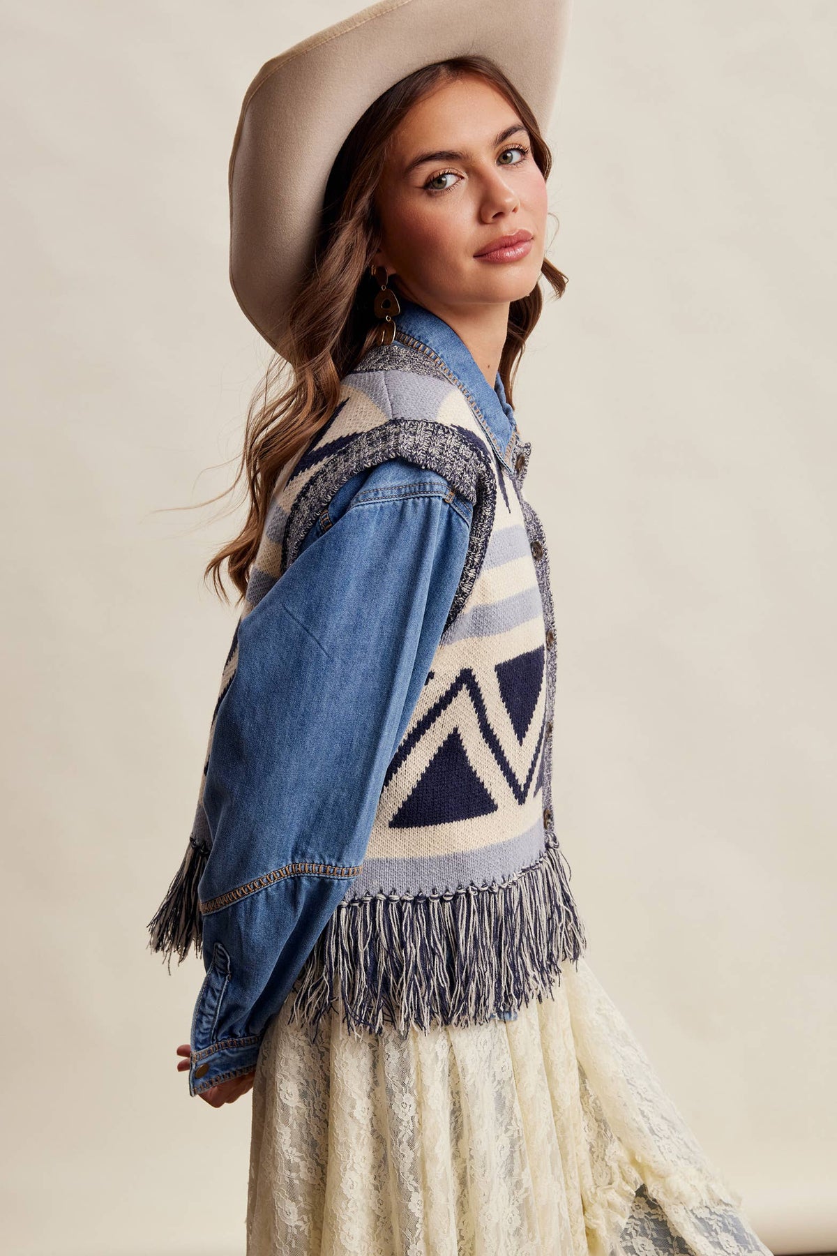 Western Fringe Knit Sweater Vest: Navy