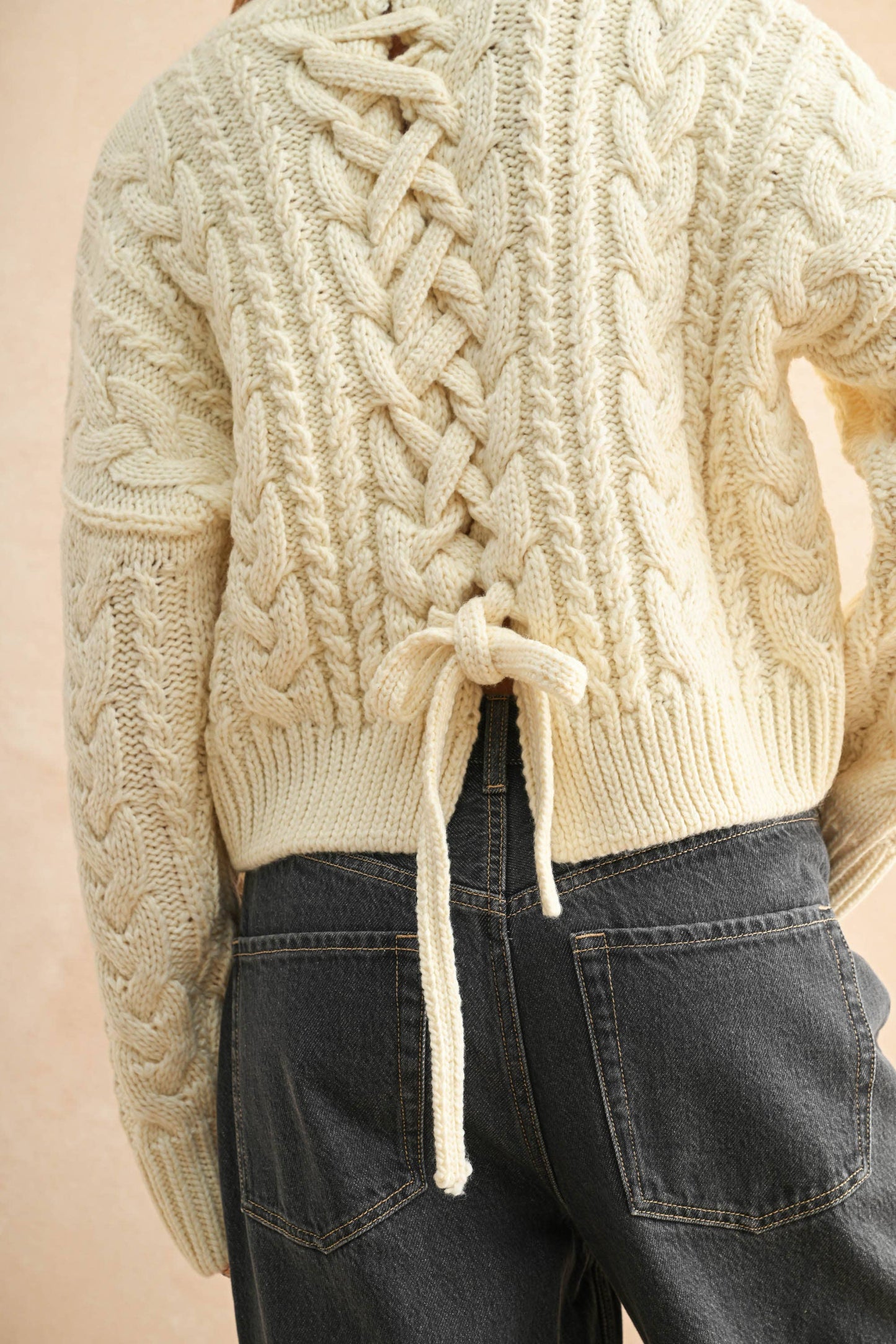 BRAID ON BACK CABLE SWEATER: IVORY