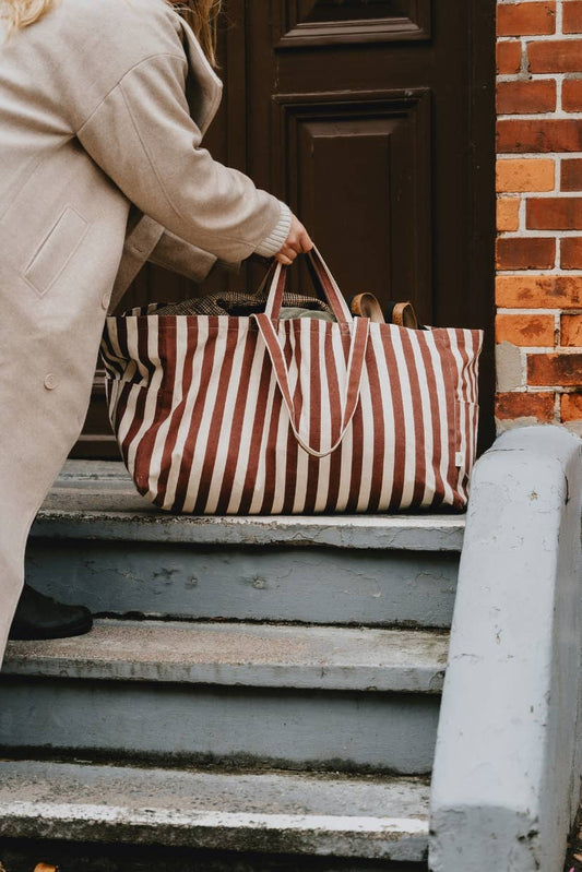 Large Striped Tote Bag: Brown