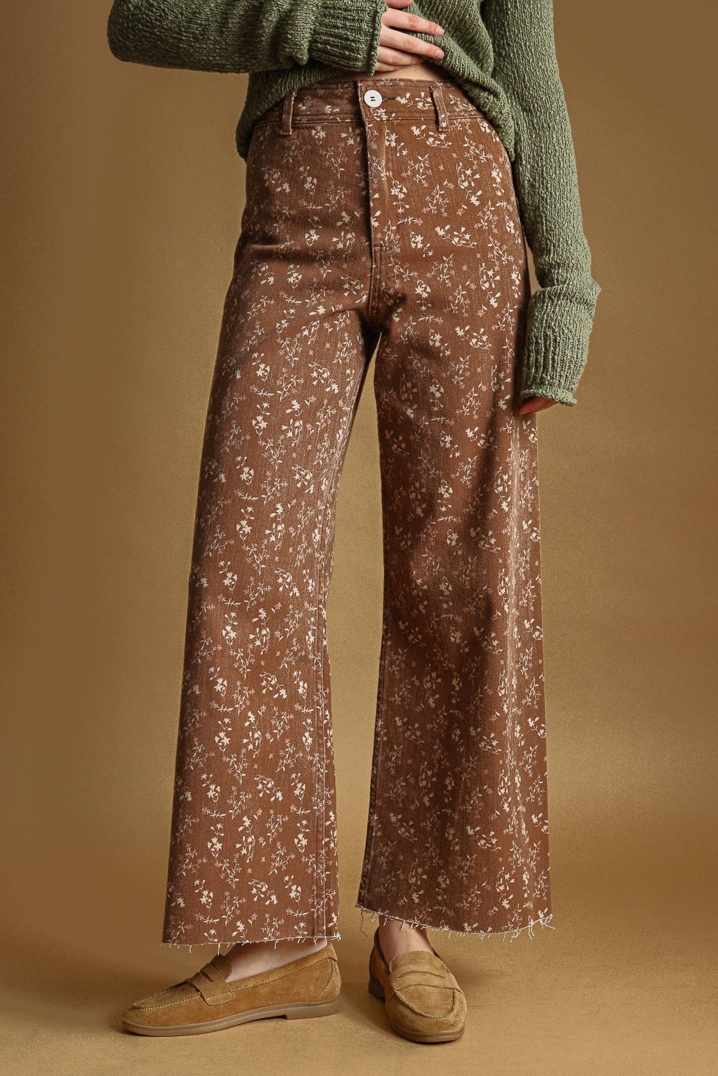 FLORAL PRINT STRETCHED PANTS: EARTHY RUST