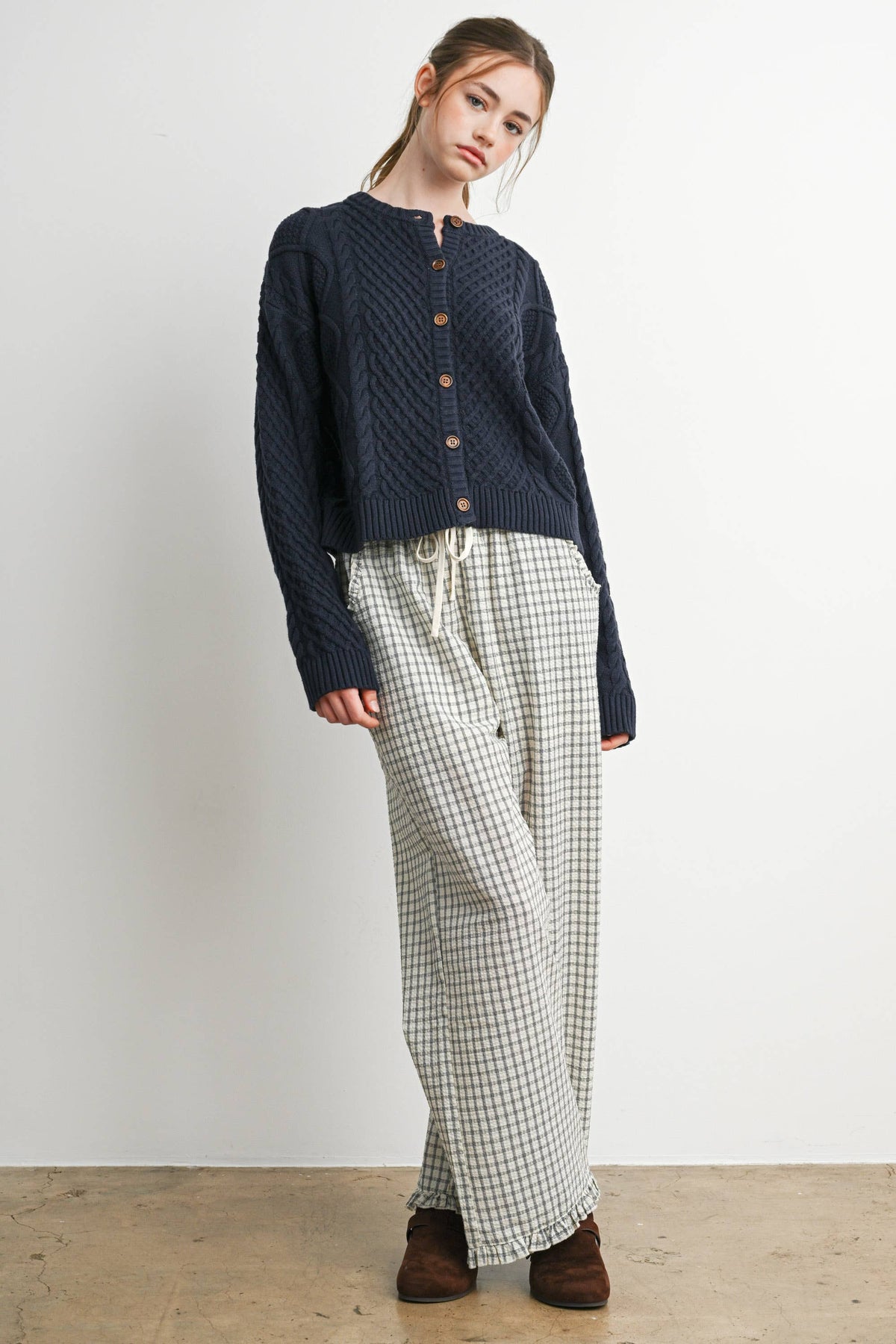 Gingham Drawstring Wide Leg Pants: IVORY