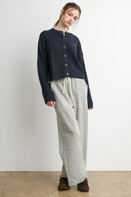 Gingham Drawstring Wide Leg Pants: IVORY