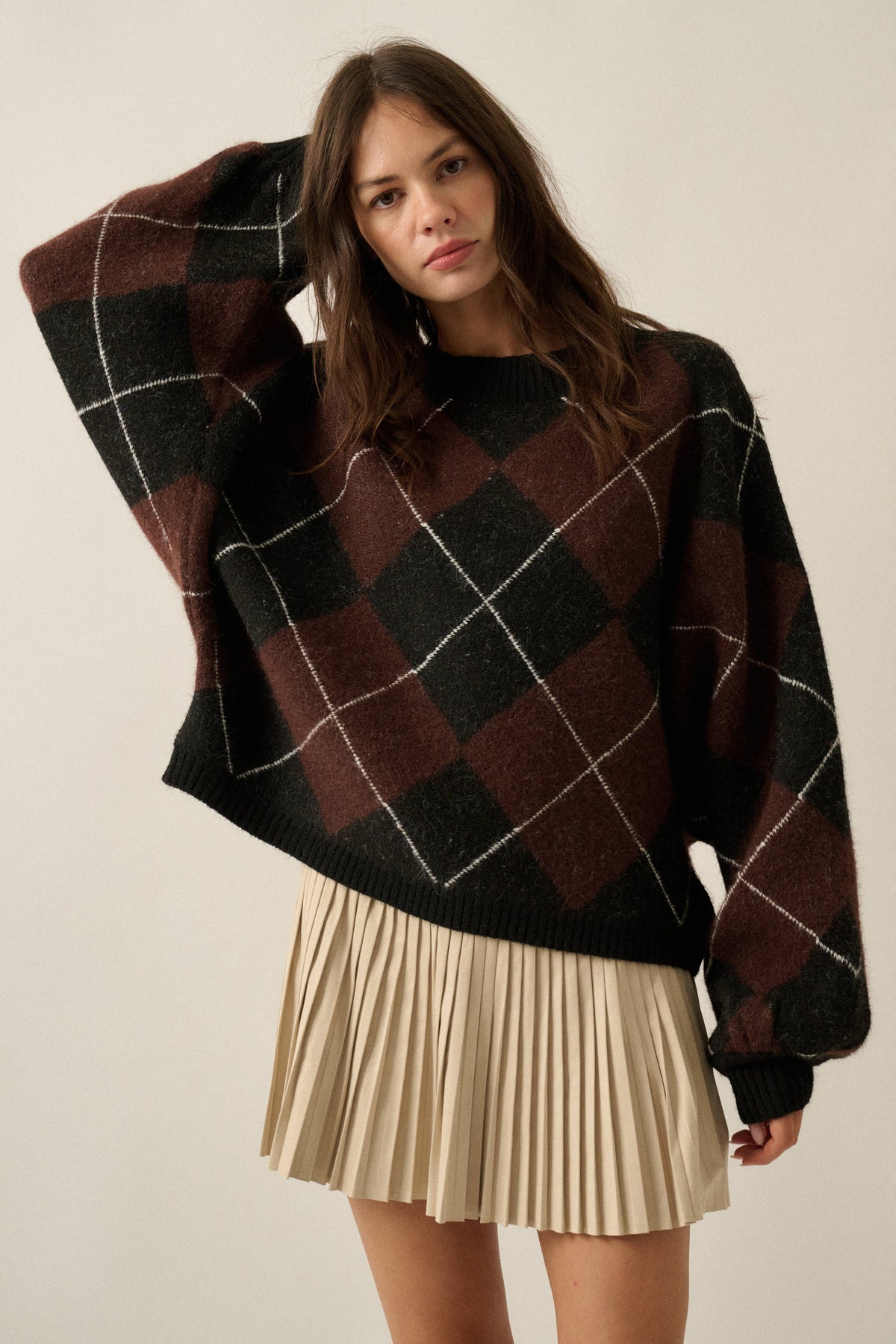 Argyle Plaid Knit Dolman-Sleeve Sweater: Brown-Black