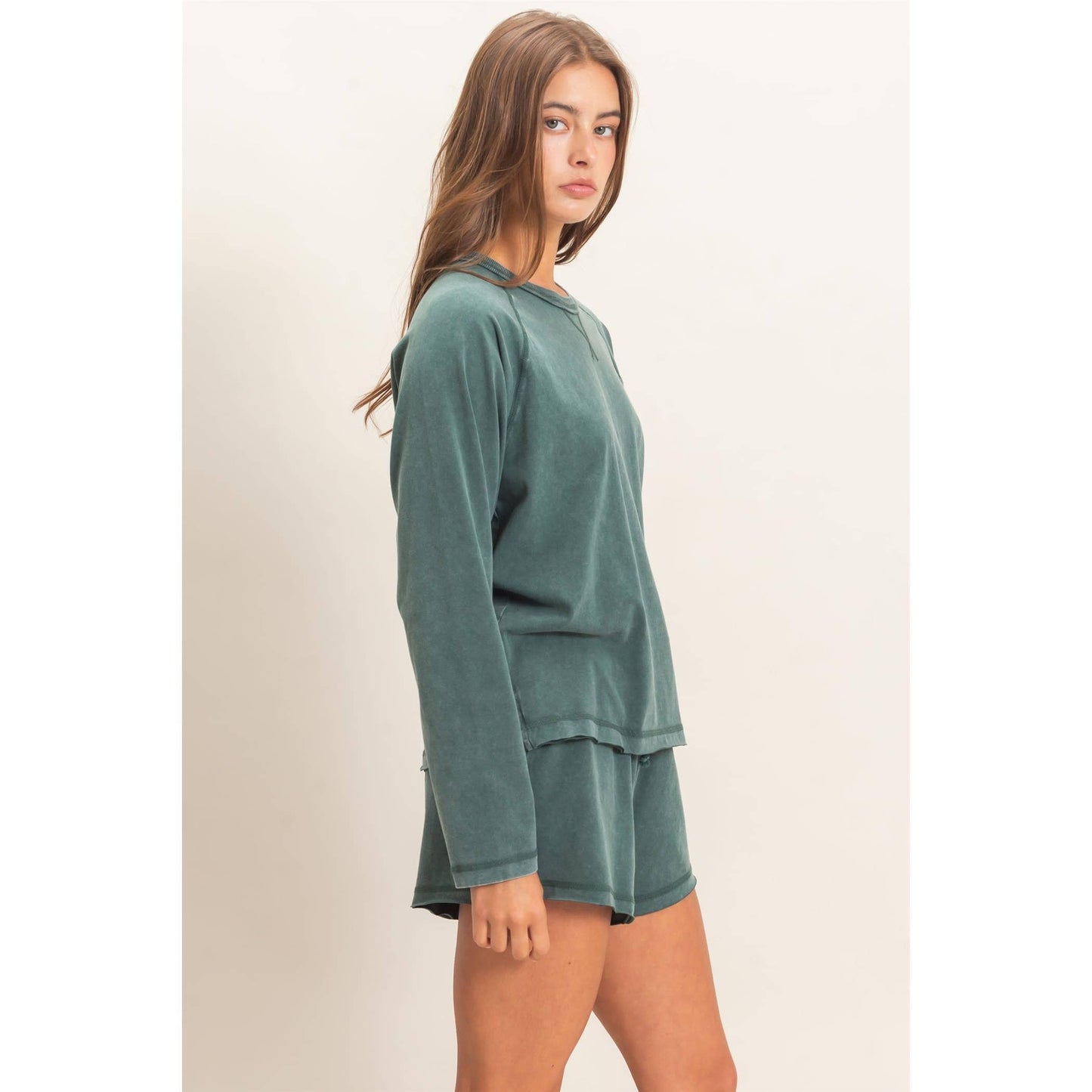 Mineral Wash Long Sleeve Raw Edge Top & Shorts Set: BLACK