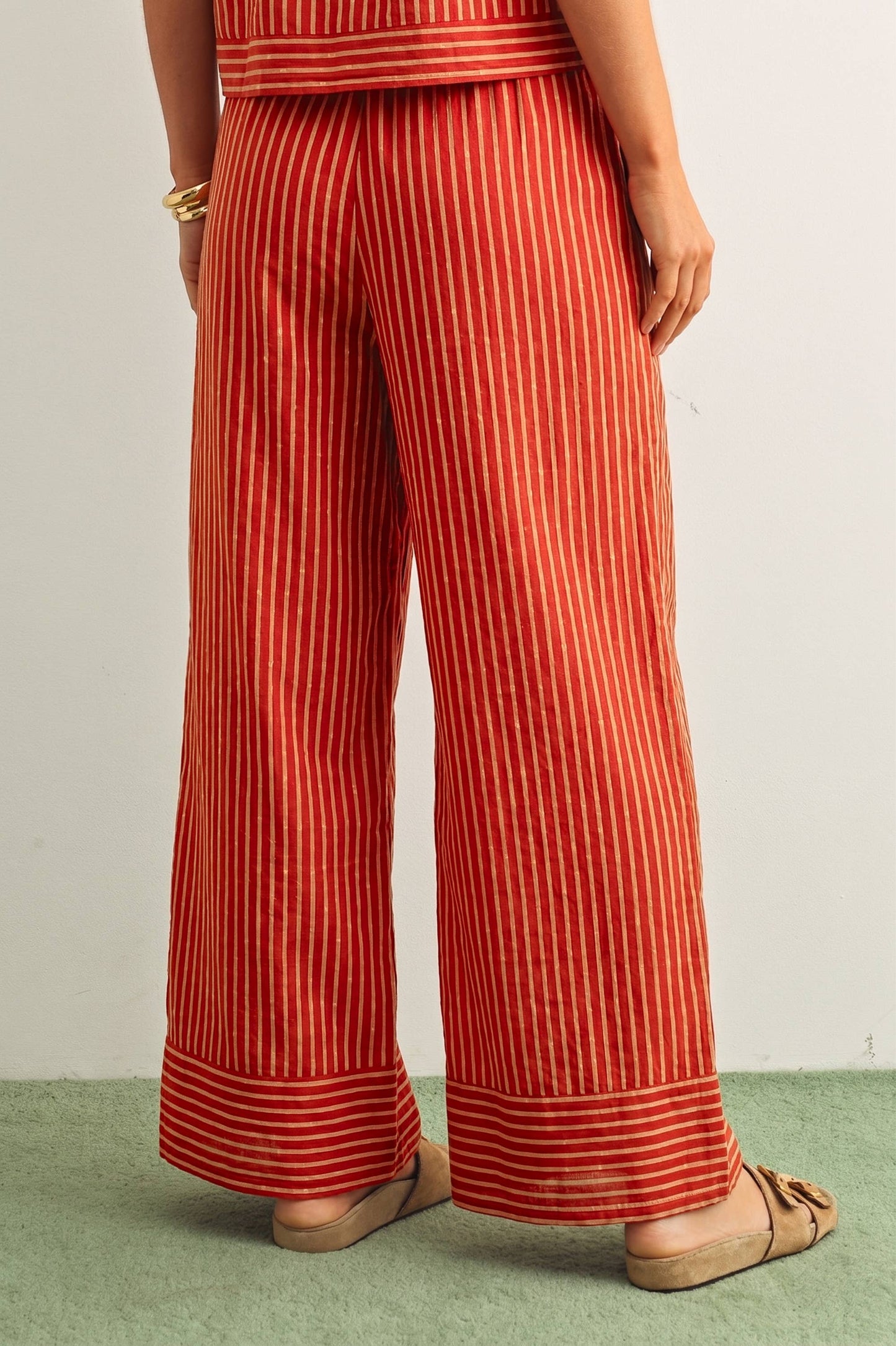 STRIPED PRINT STRAIGHT WIDE LEG PANTS: TOMATO