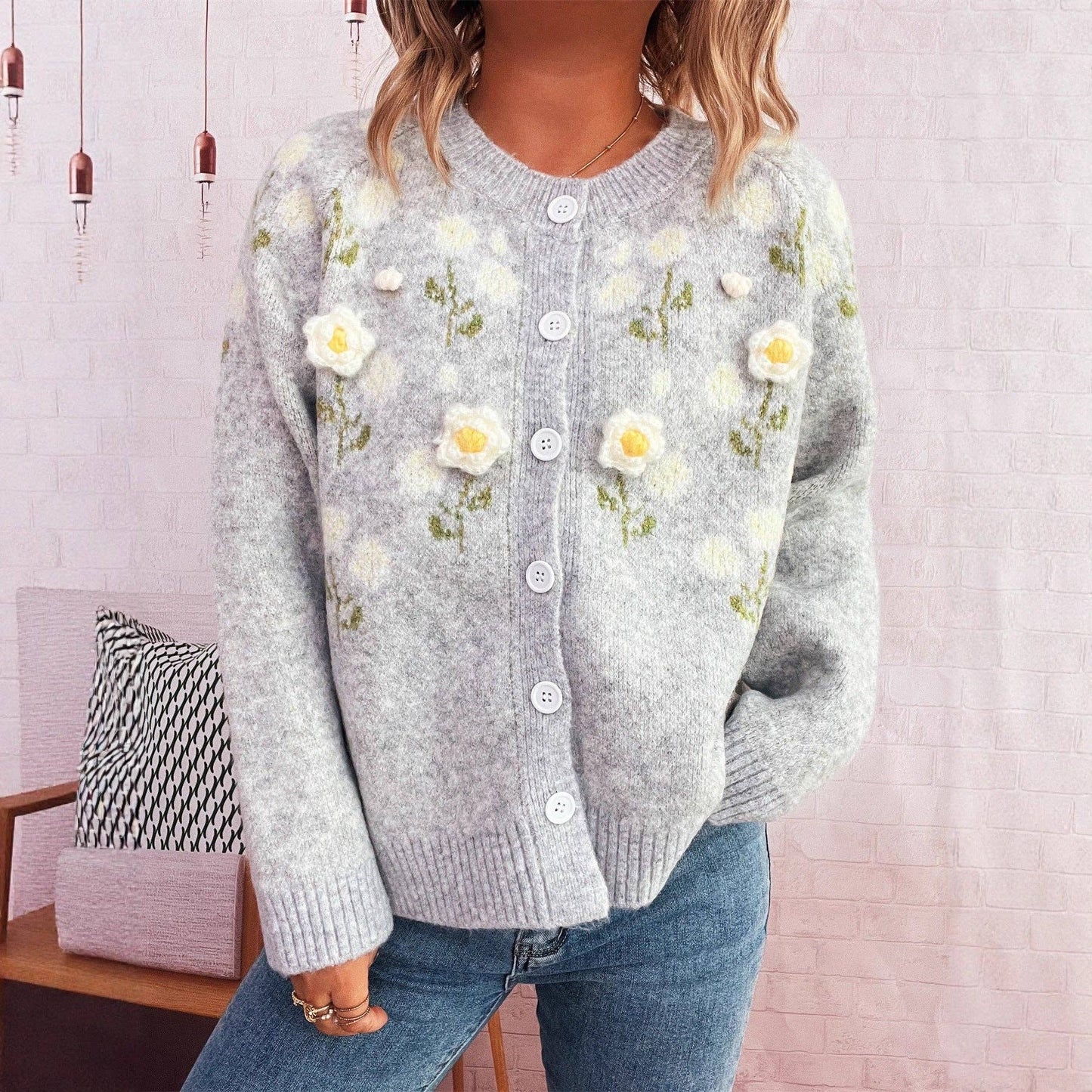 Women's Floral Embroidered 3D Flower Sweater Cardigan: Light gray
