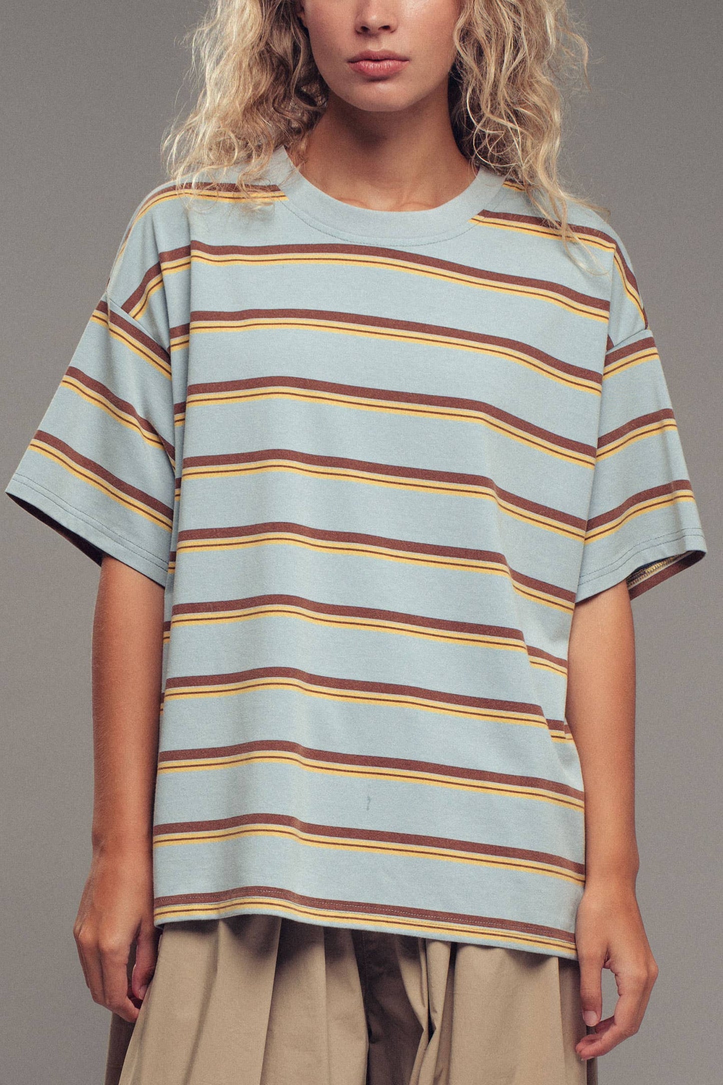 Oversized Striped Western Relaxed Fit Tee: BLUE BROWN