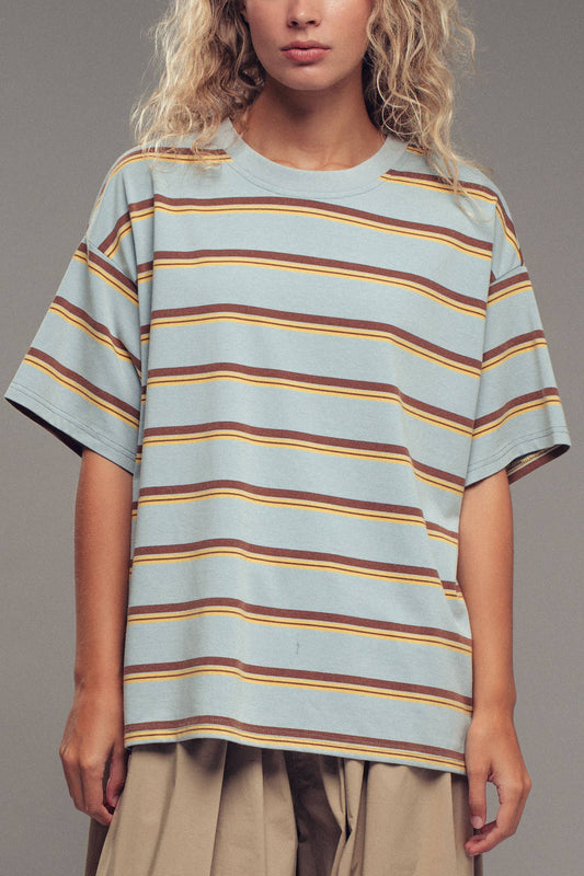Oversized Striped Western Relaxed Fit Tee: BLUE BROWN