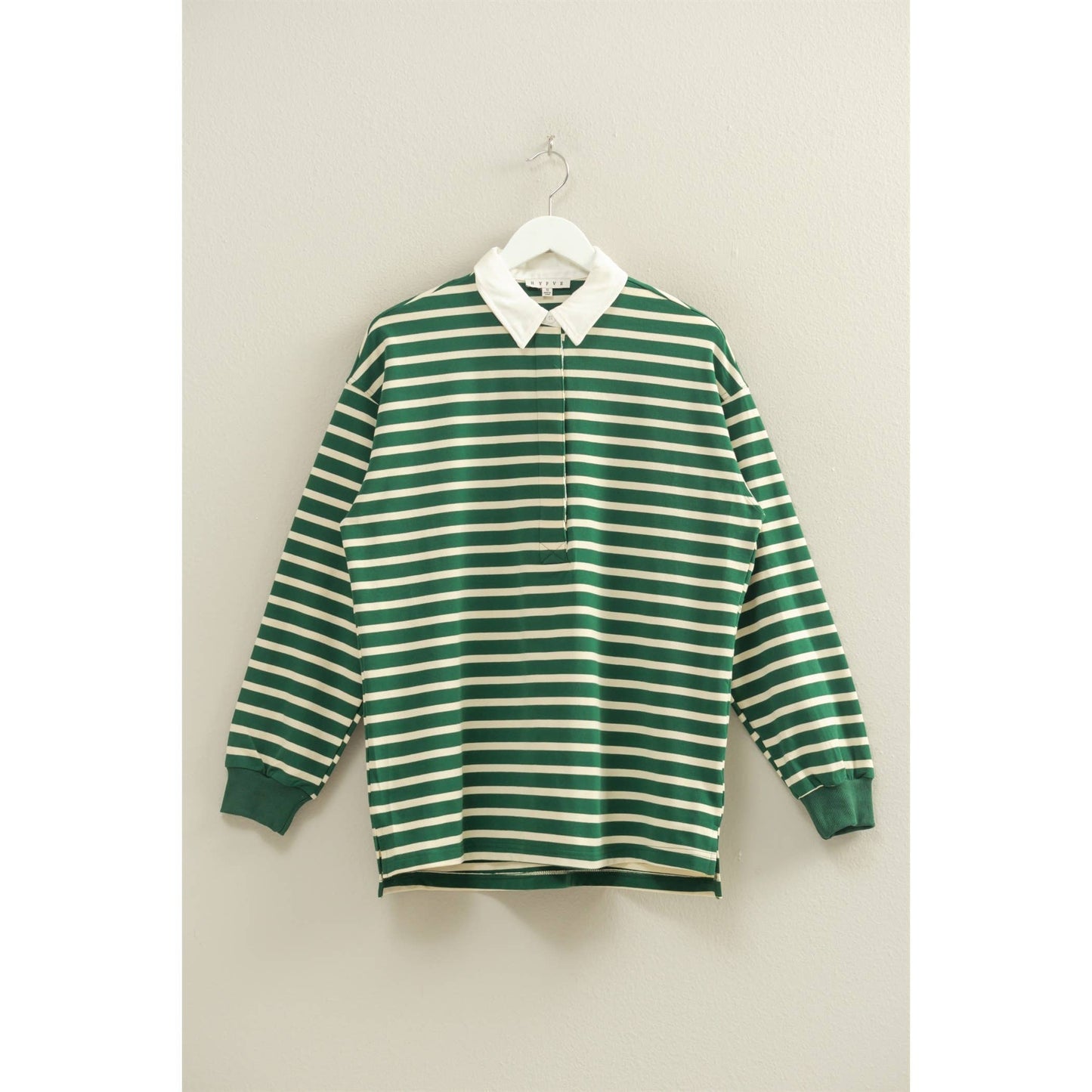 Classic Stripe Rugby Polo With Collar Shirt: GREEN/CREAM