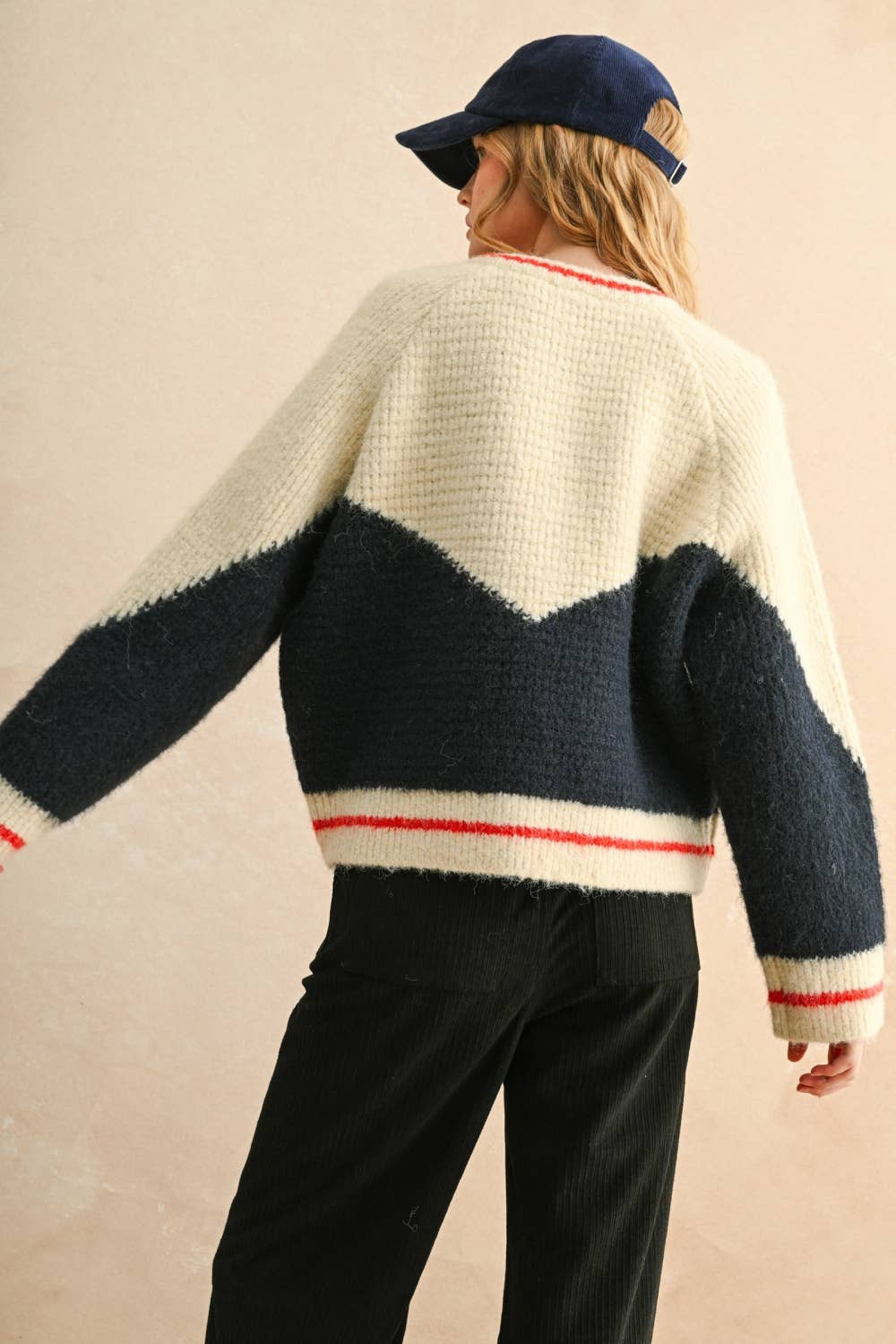 SWEATER BOMBER JACKET: NAVY/CREAM