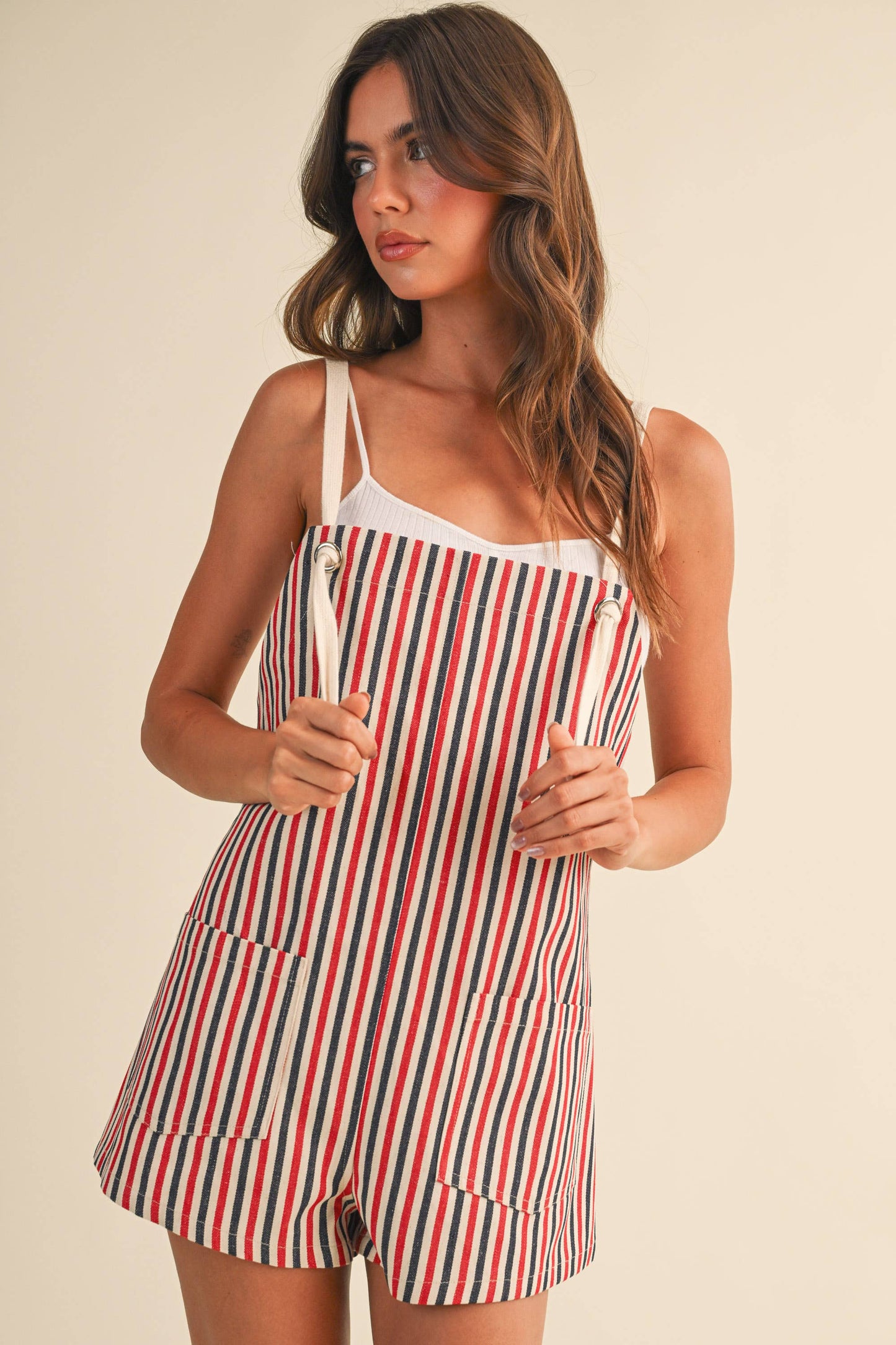 A MULTI STRIPED ROPE STRAP SHORTALLS: RED/BLUE