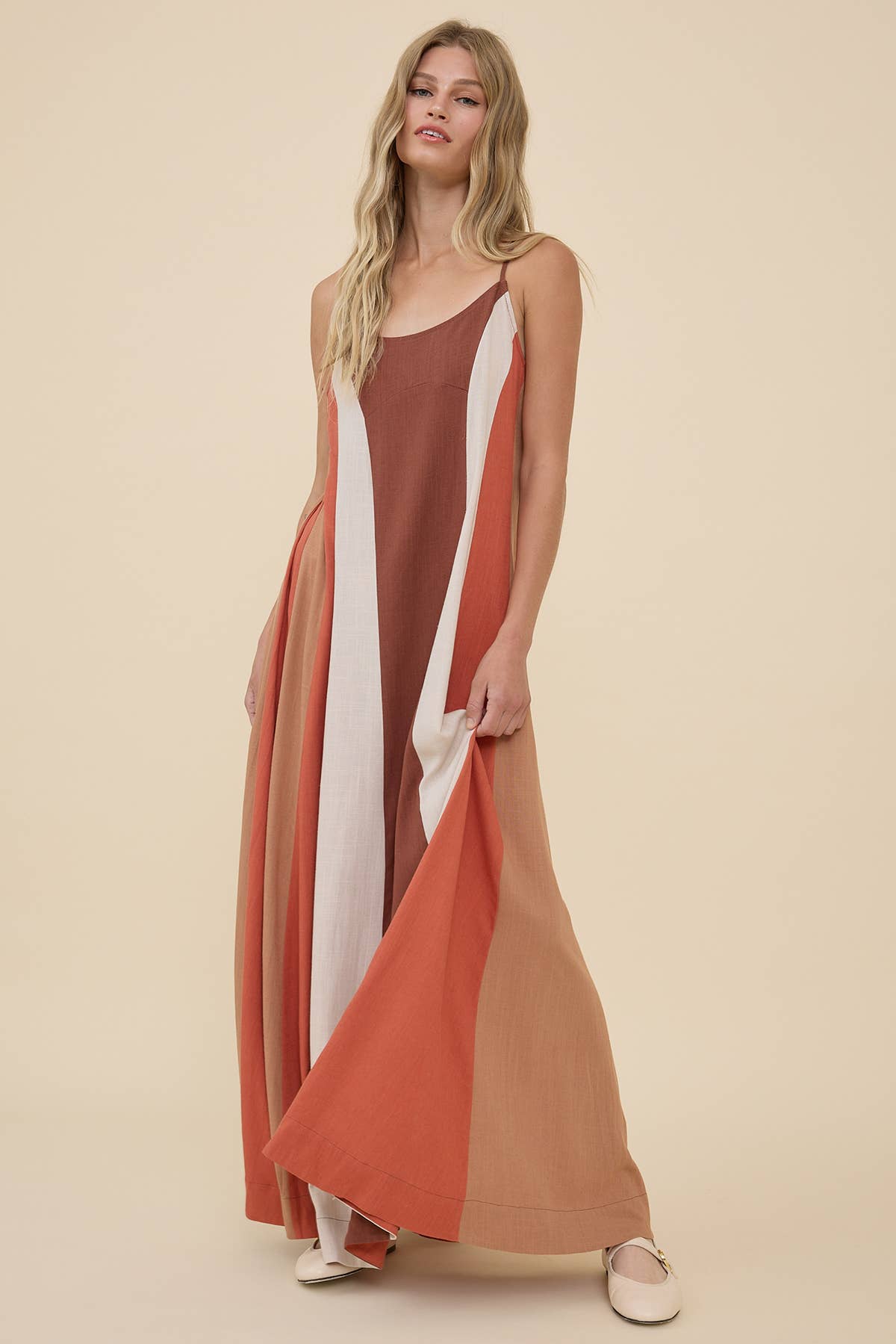 Colorblock Flowy Maxi Slip Dress: NATURAL MIX