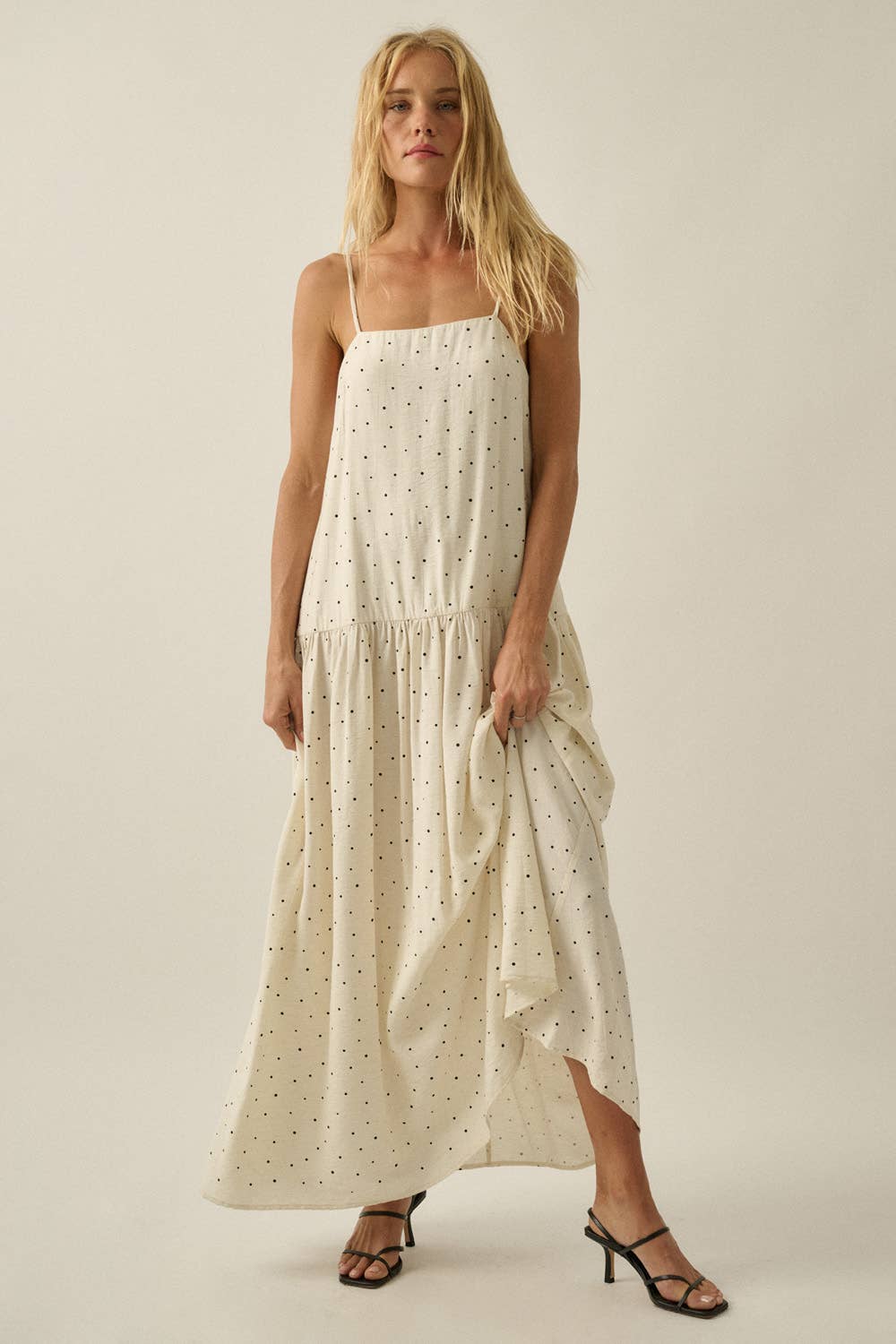 Polka Dot-Print Drop-Waist Cami Maxi Dress: Oatmeal