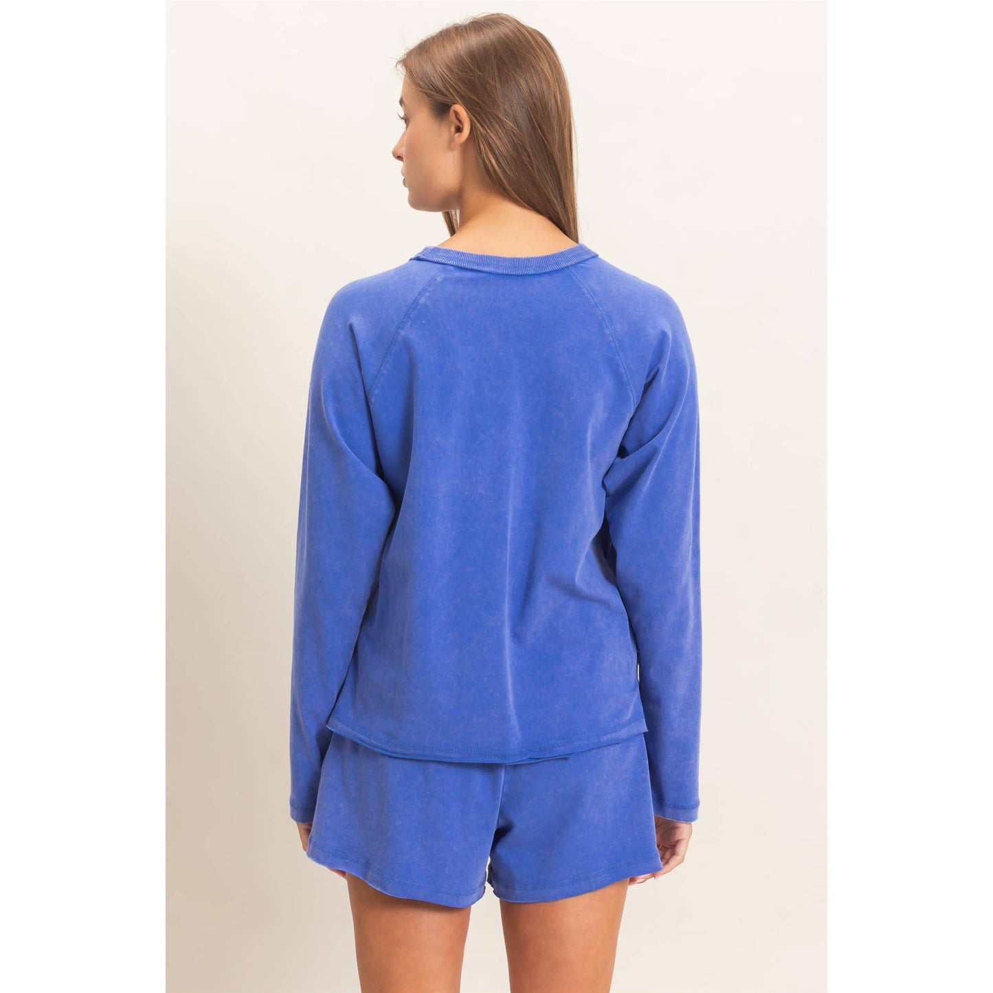 Mineral Wash Long Sleeve Raw Edge Top & Shorts Set: COBALT