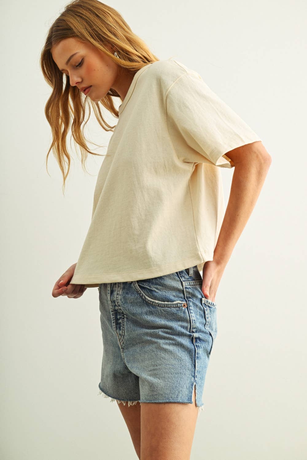 SHORT SLEEVE LINEN KNITTED TOP: OATMEAL
