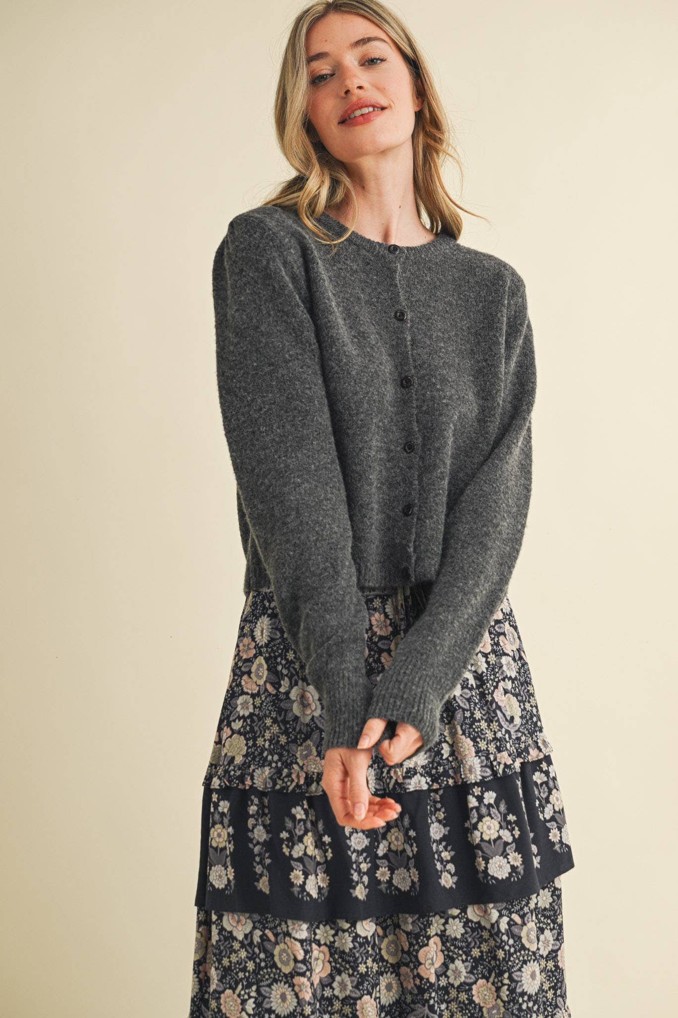 HEAVY PUFF SLEEVE SWEATER CARDIGAN: CHARCOAL