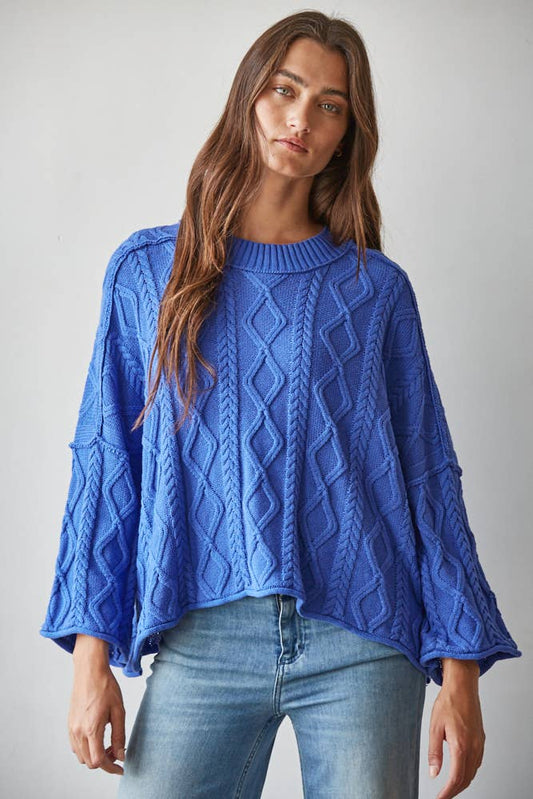 Knit Cable Sweater 3/4 Sleeve Pullover: Cobalt Blue
