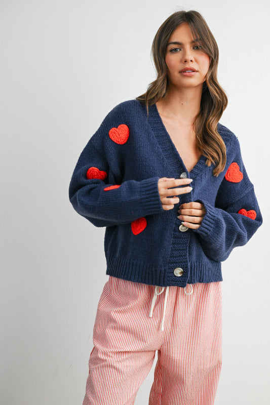 Heart Pattern Cropped V-Neck Cardigan Top: NAVY