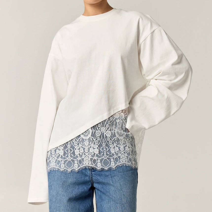 Women's Lace Hem Long Sleeve Top Relaxed Fit Cotton Tee: White